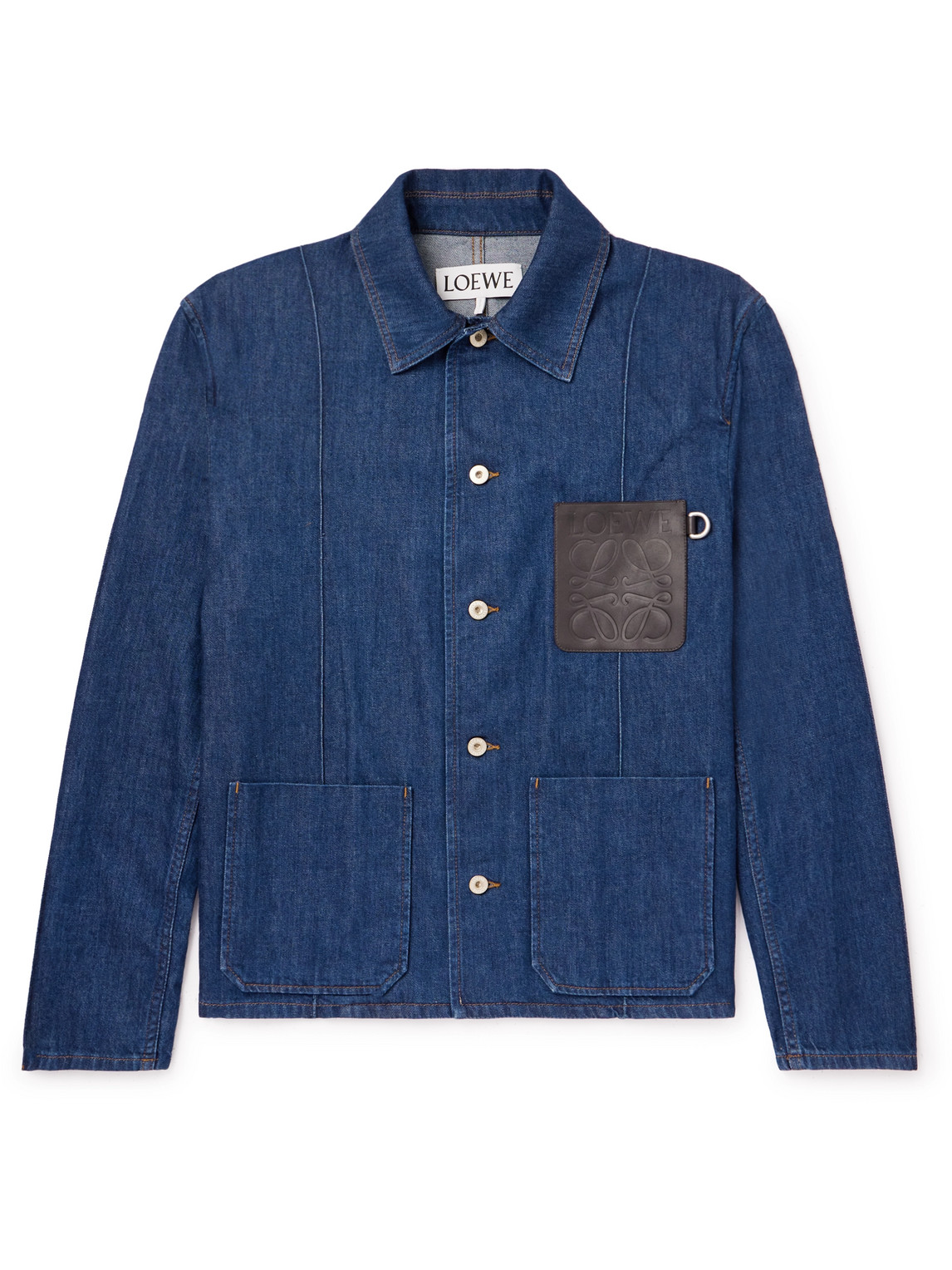 Shop Loewe Logo-debossed Leather-trimmed Denim Jacket In Blue