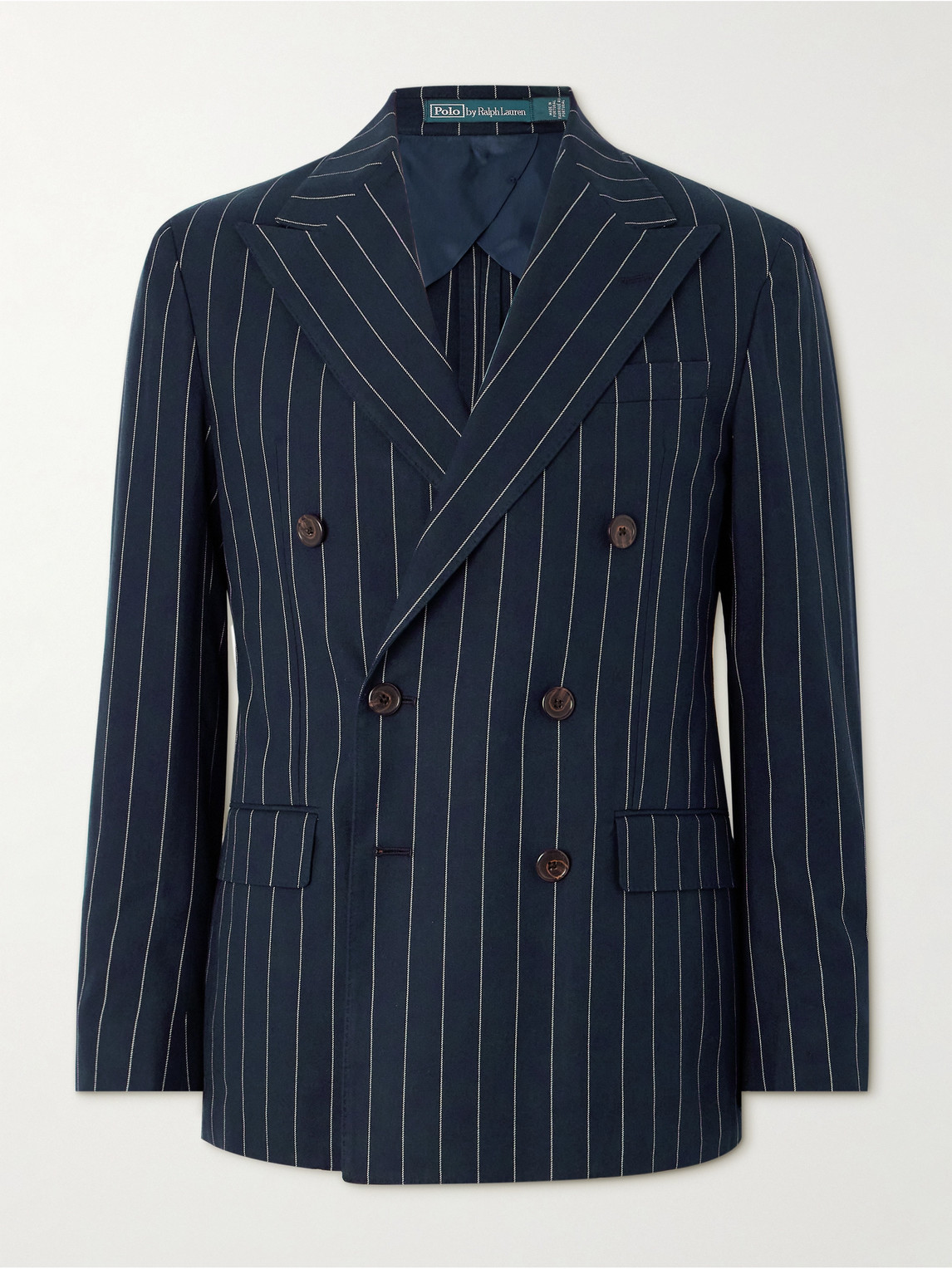 POLO RALPH LAUREN DOUBLE-BREASTED PINSTRIPED COTTON AND SILK-BLEND BLAZER