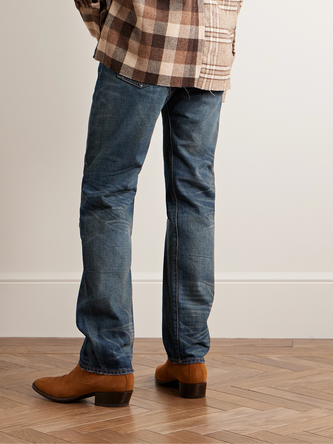Rrl Straight-leg Distressed Selvedge Jeans In Blue