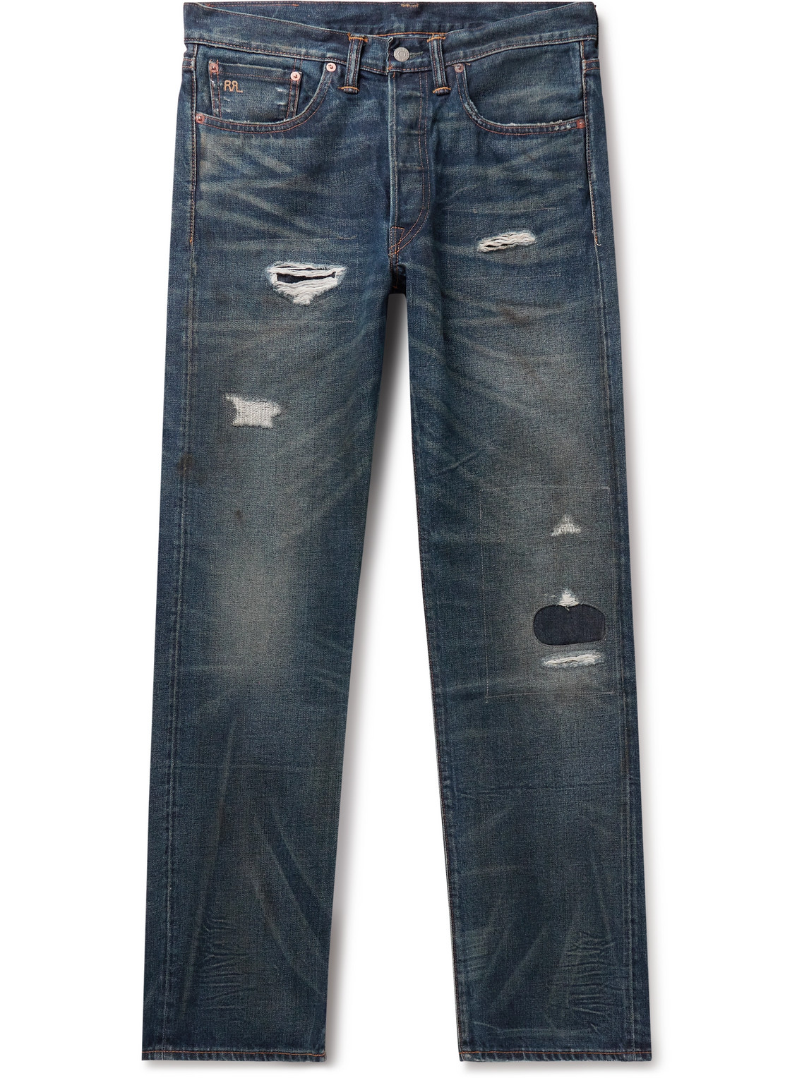 Rrl Straight-leg Distressed Selvedge Jeans In Blue