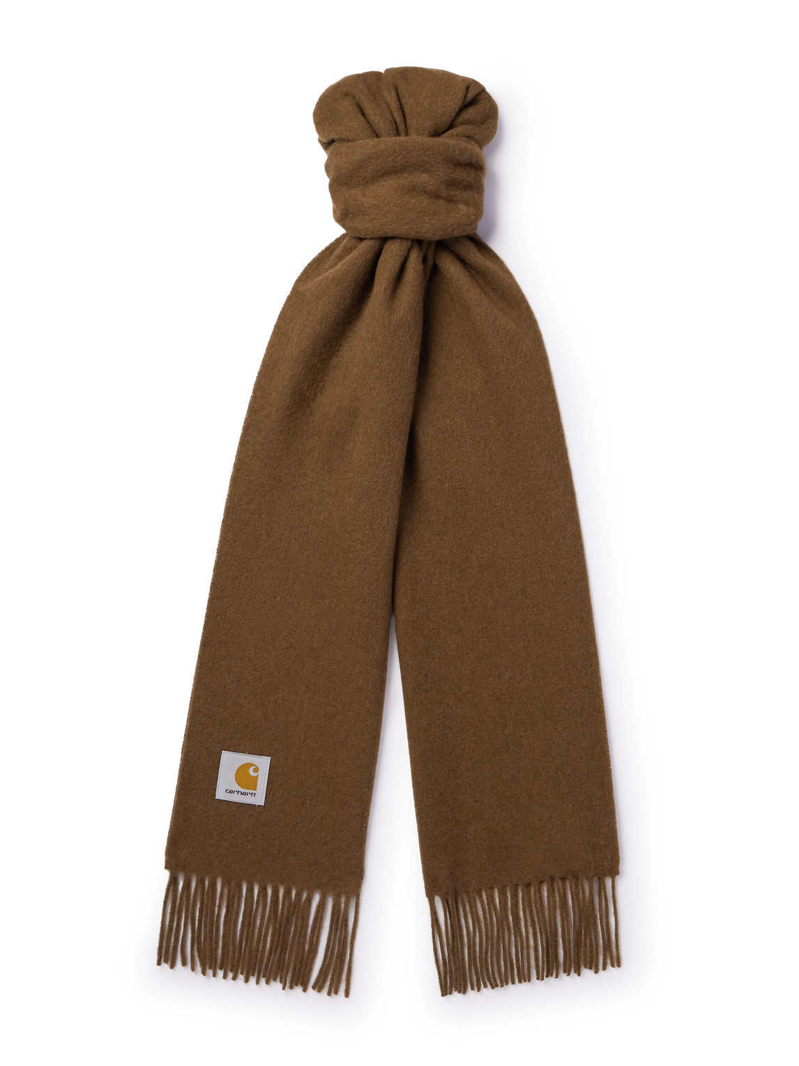 Carhartt Clan Logo-appliquéd Fringed Wool Scarf In Brown