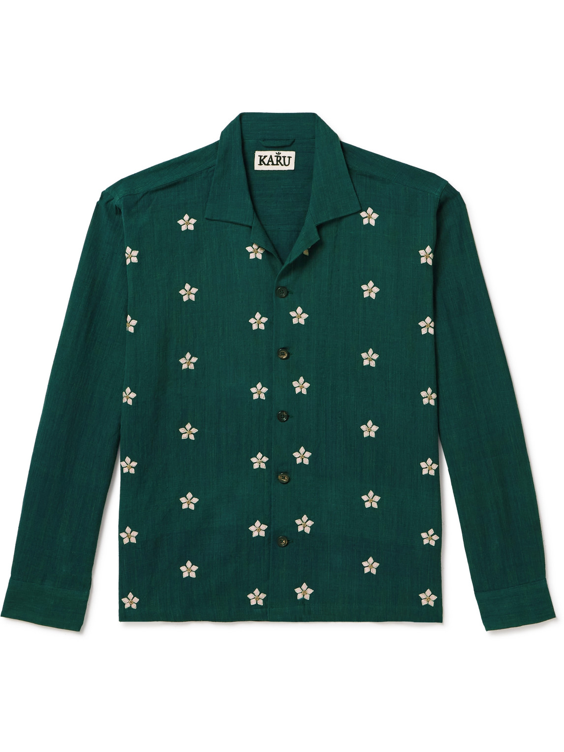 Karu Research Camp-collar Embellished Embroidered Cotton Shirt In Green Pink Gold