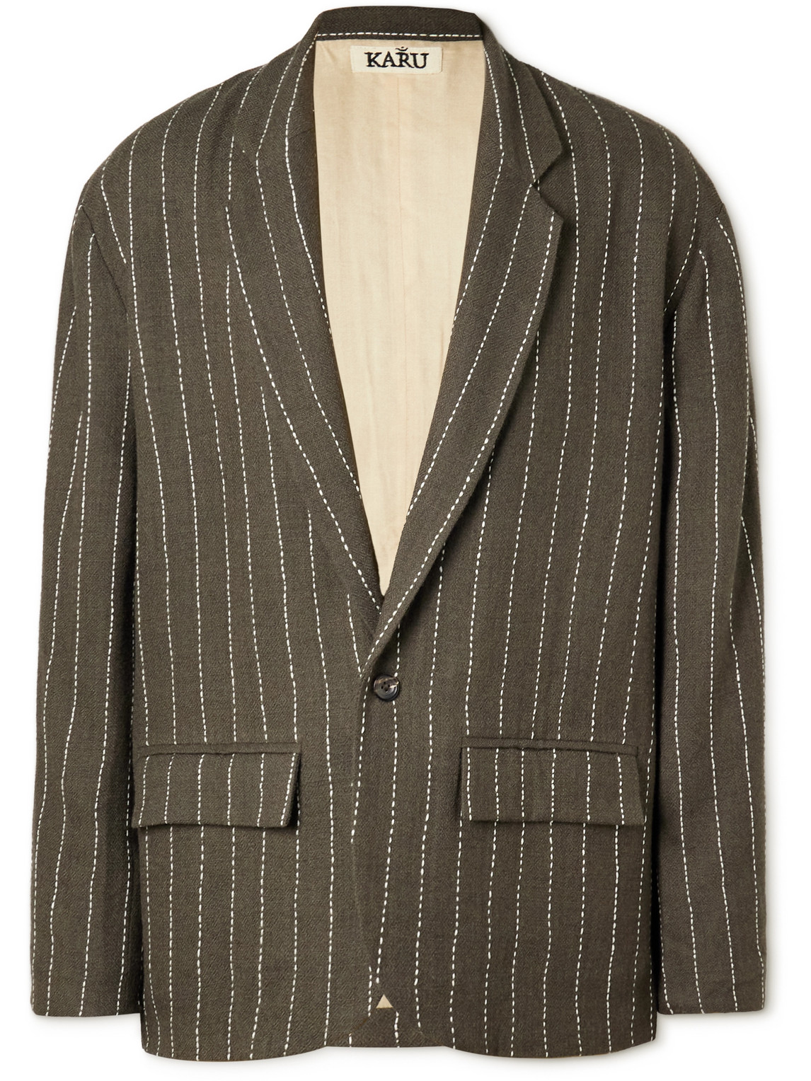 Karu Research Unstructured Embroidered Pinstriped Wool Blazer In Olive White