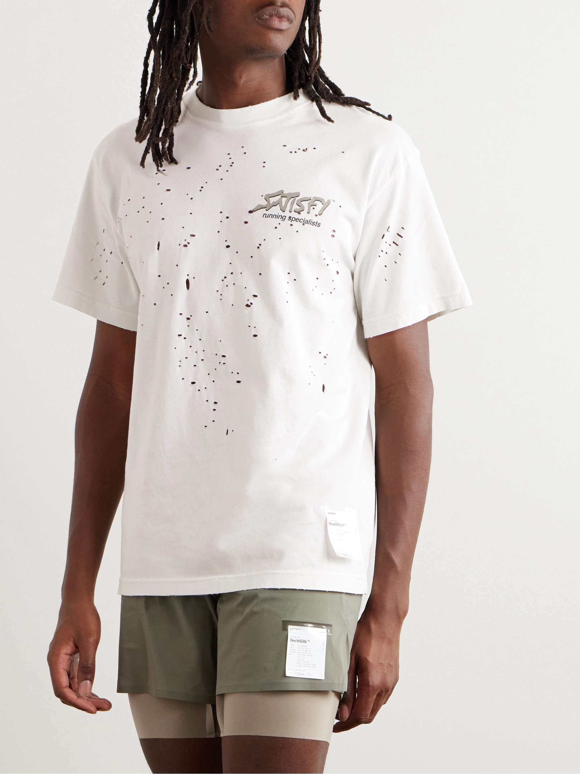 SATISFY Distressed Logo-Print MothTech Cotton-Jersey T-Shirt
