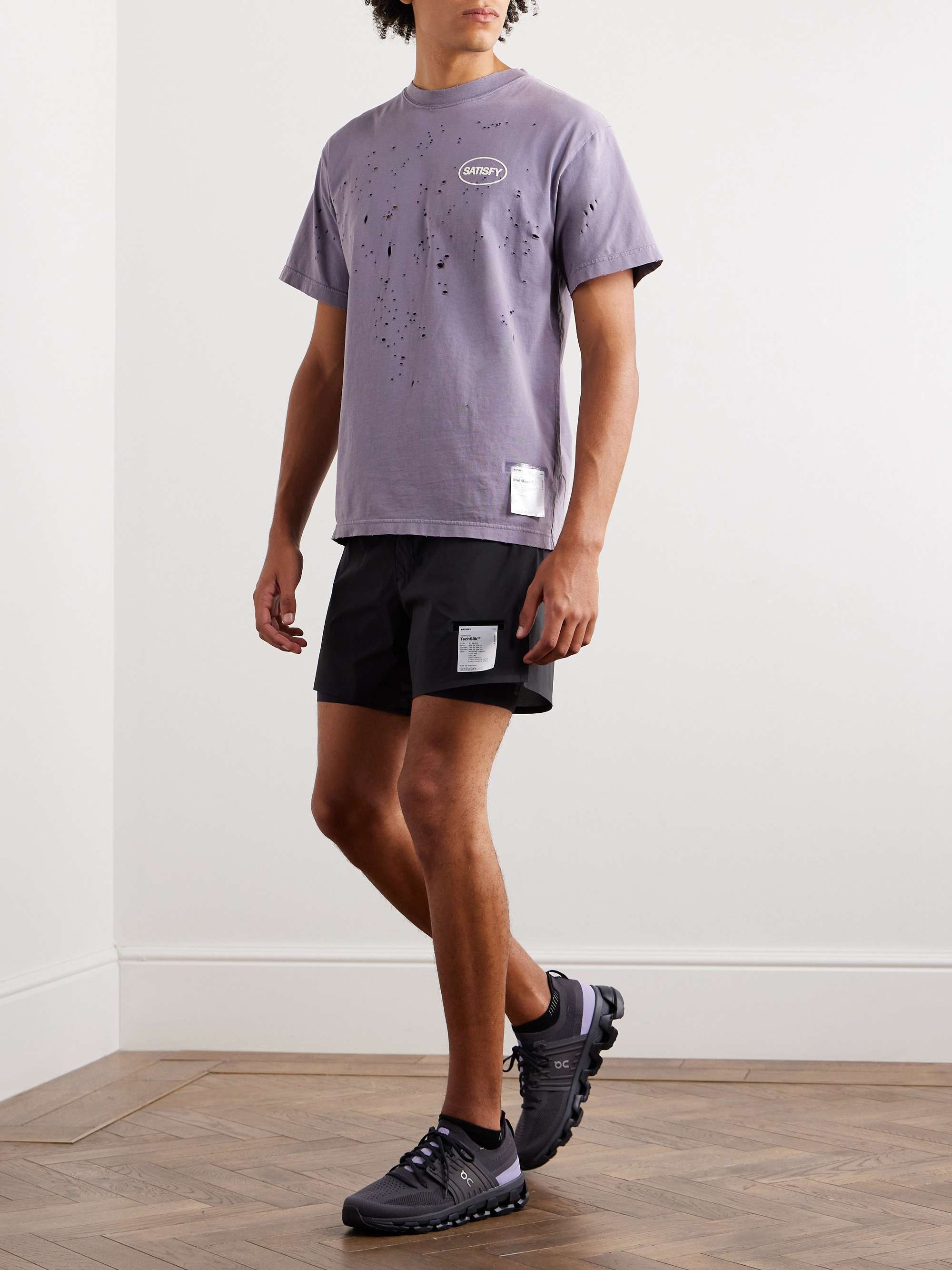 SATISFY Distressed Logo-Print MothTech Cotton-Jersey T-Shirt