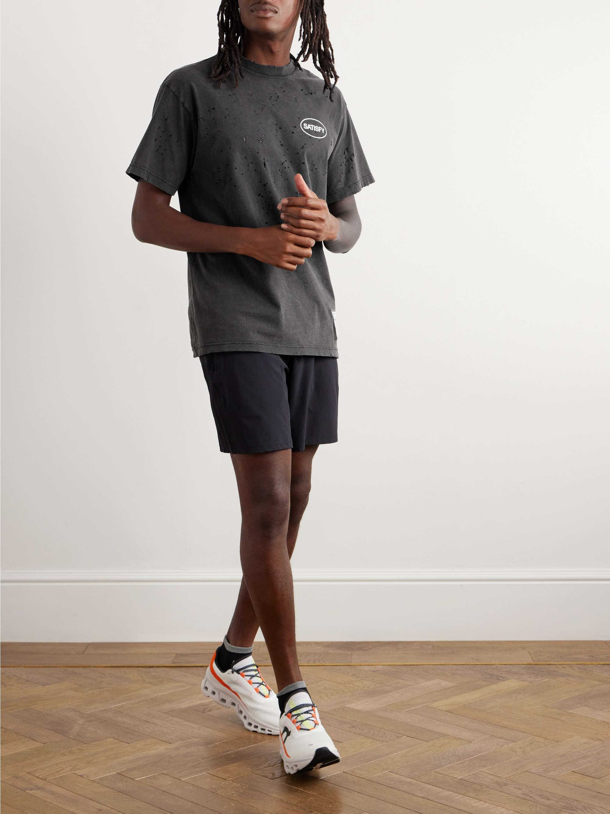 SATISFY Distressed Logo-Print MothTech Cotton-Jersey T-Shirt