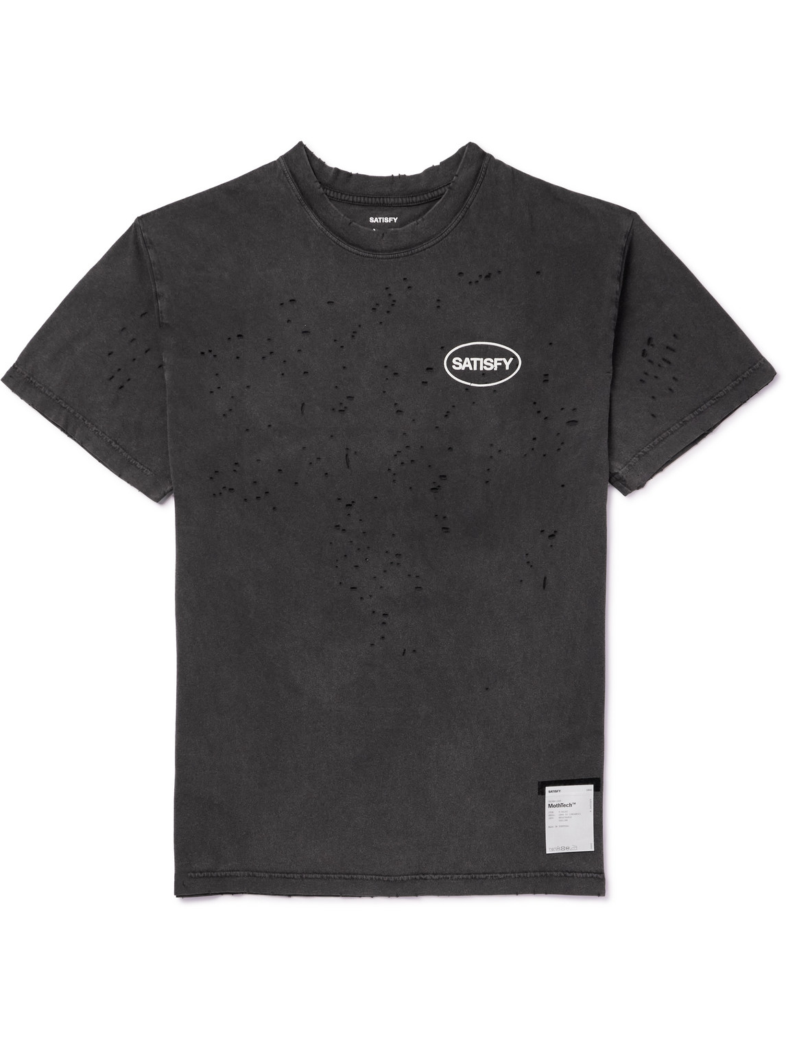Shop Satisfy Distressed Logo-print Mothtech™ Cotton-jersey T-shirt In Black