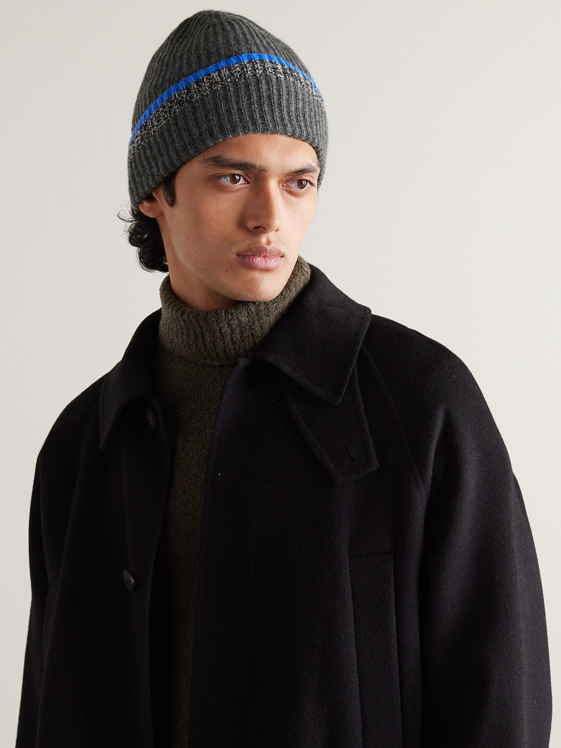 Shop Johnstons Of Elgin Striped Ribbed Cashmere Beanie In Gray
