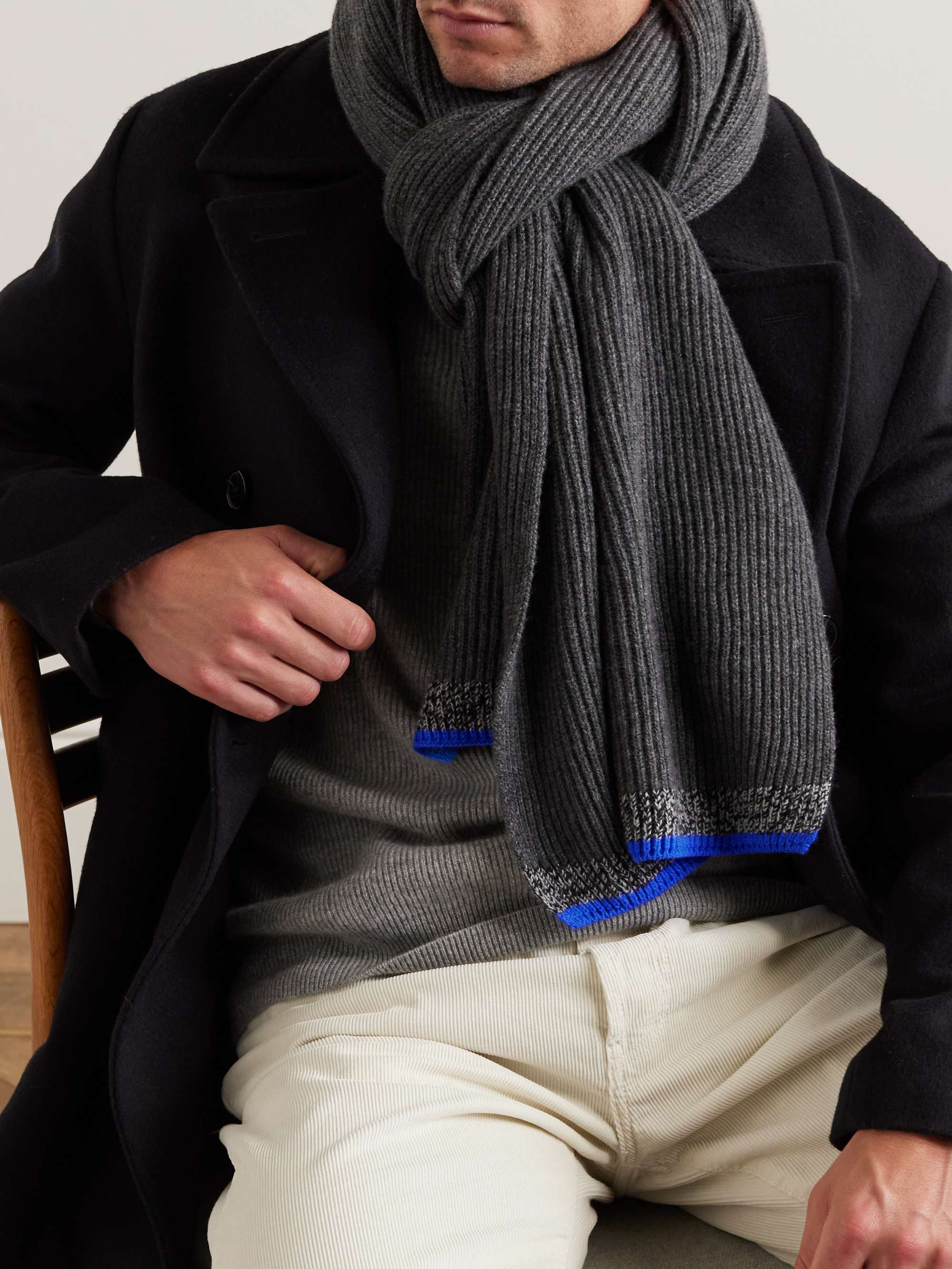 Marina Blue, Mens Pure Cashmere Ribbed Scarf