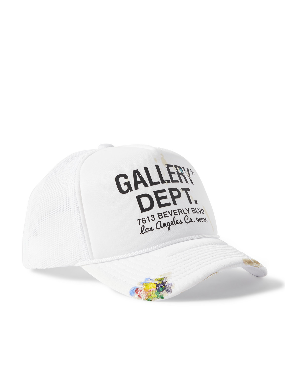 Shop Gallery Dept. Workshop Paint-splattered Logo-print Canvas And Mesh Trucker Cap In White