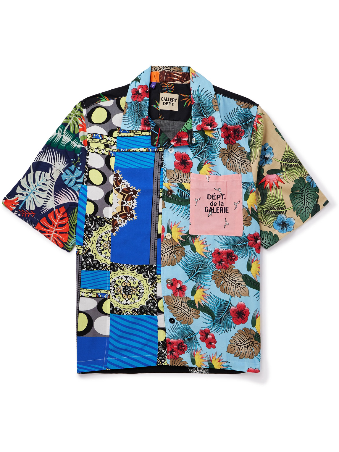 Gallery Dept. Parker Camp-collar Logo-embroidered Patchwork Floral-print Woven Shirt In Blue