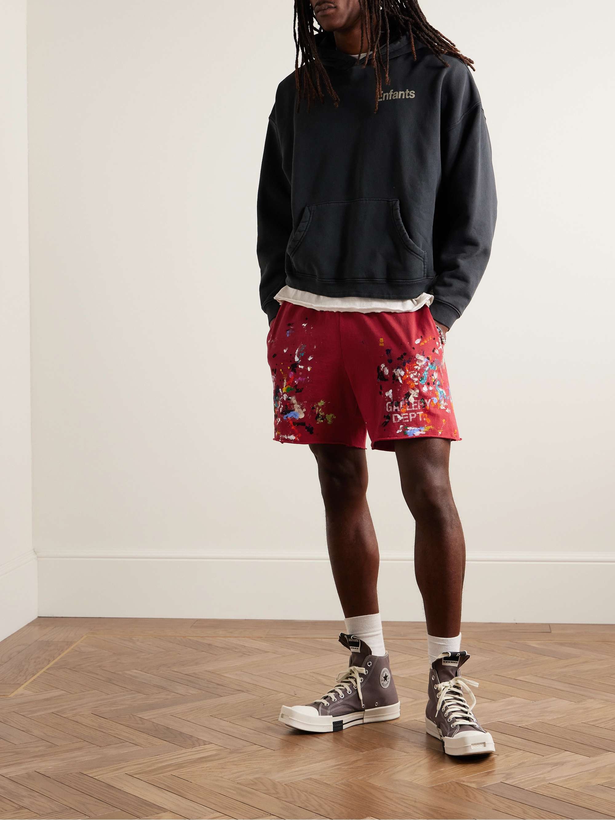 Insomnia Straight-Leg Logo-Print Paint-Splattered Cotton-Jersey Shorts