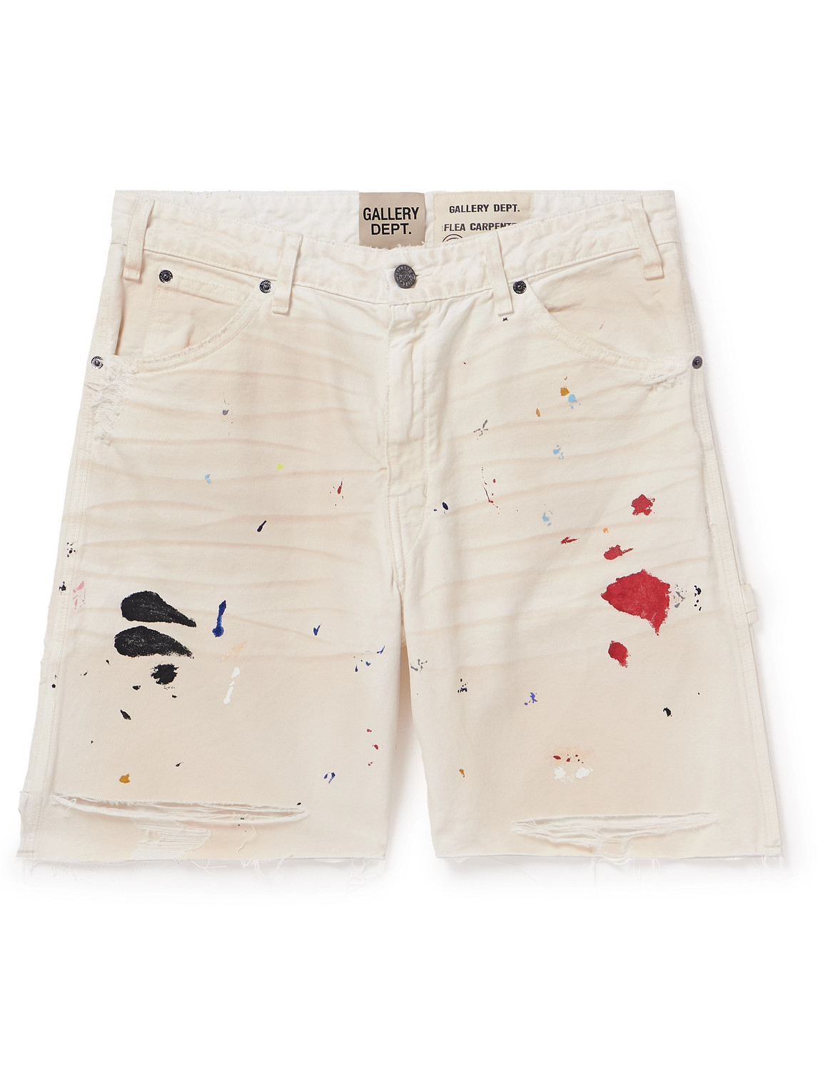 Gallery Dept. Flea Carpenter Straight-leg Distressed Paint-splattered Denim Shorts In Neutrals