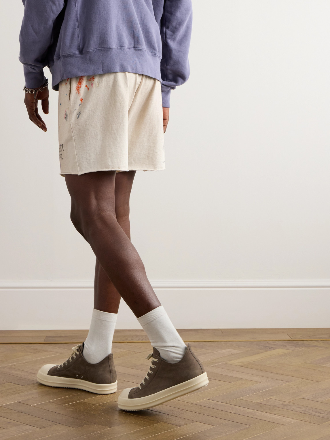 Shop Gallery Dept. Insomnia Straight-leg Logo-print Paint-splattered Cotton-jersey Shorts In Neutrals
