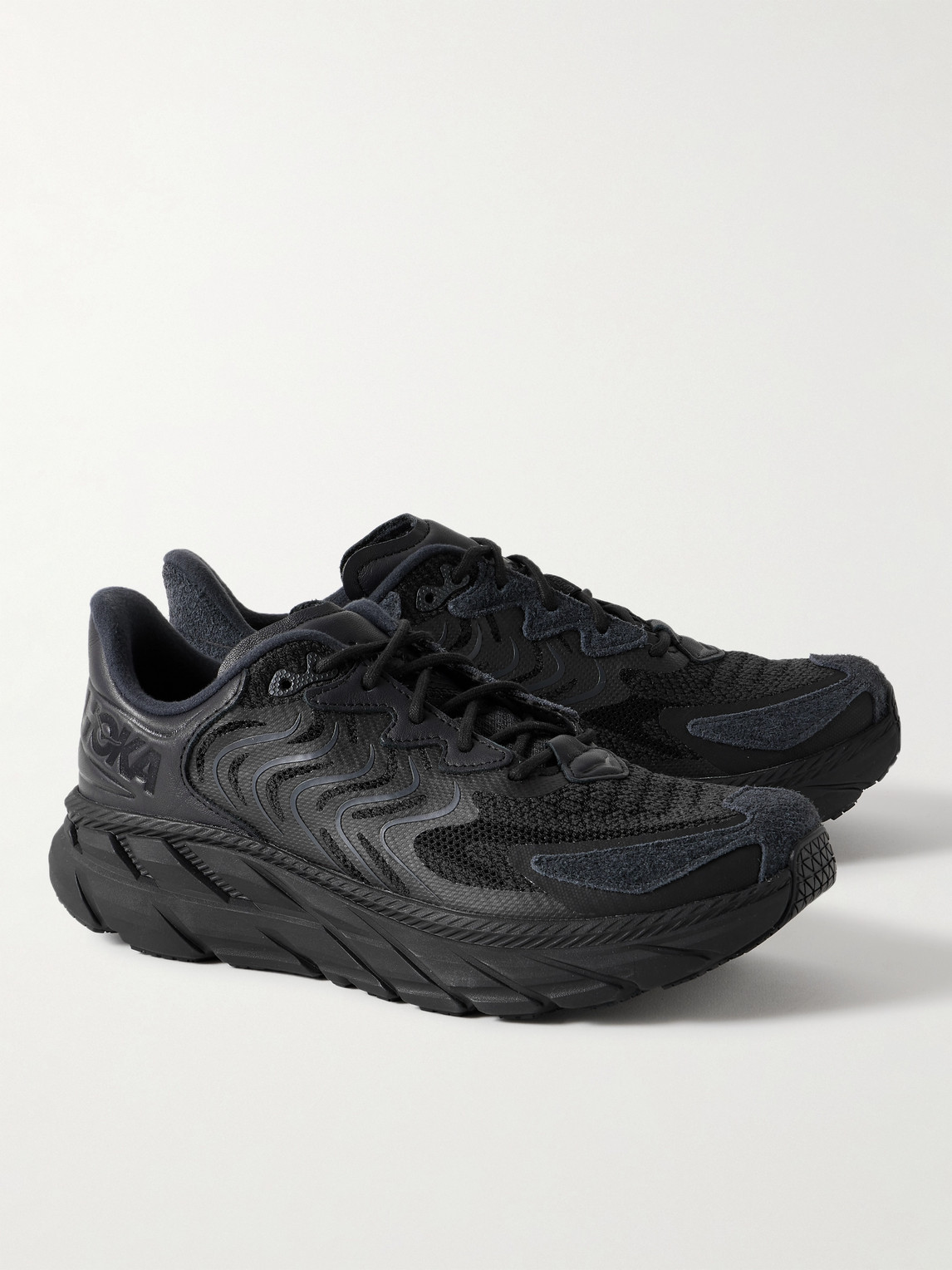 Shop Hoka One One Clifton Ls Rubber-trimmed Mesh, Leather And Suede Running Sneakers In Black