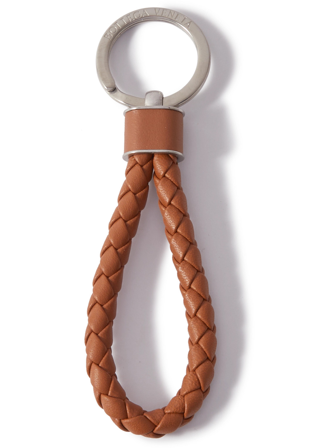 Bottega Veneta Silver-tone And Braided Leather Key Fob In Brown