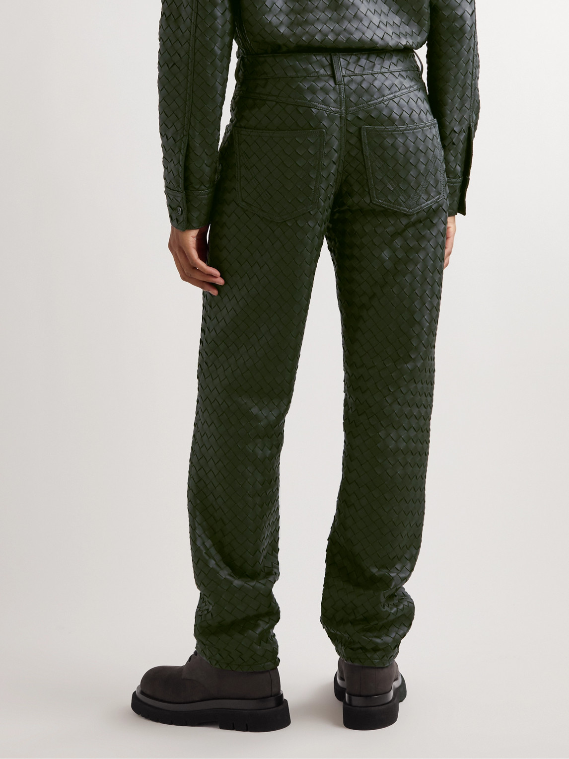 Shop Bottega Veneta Intrecciato Leather Trousers In Green