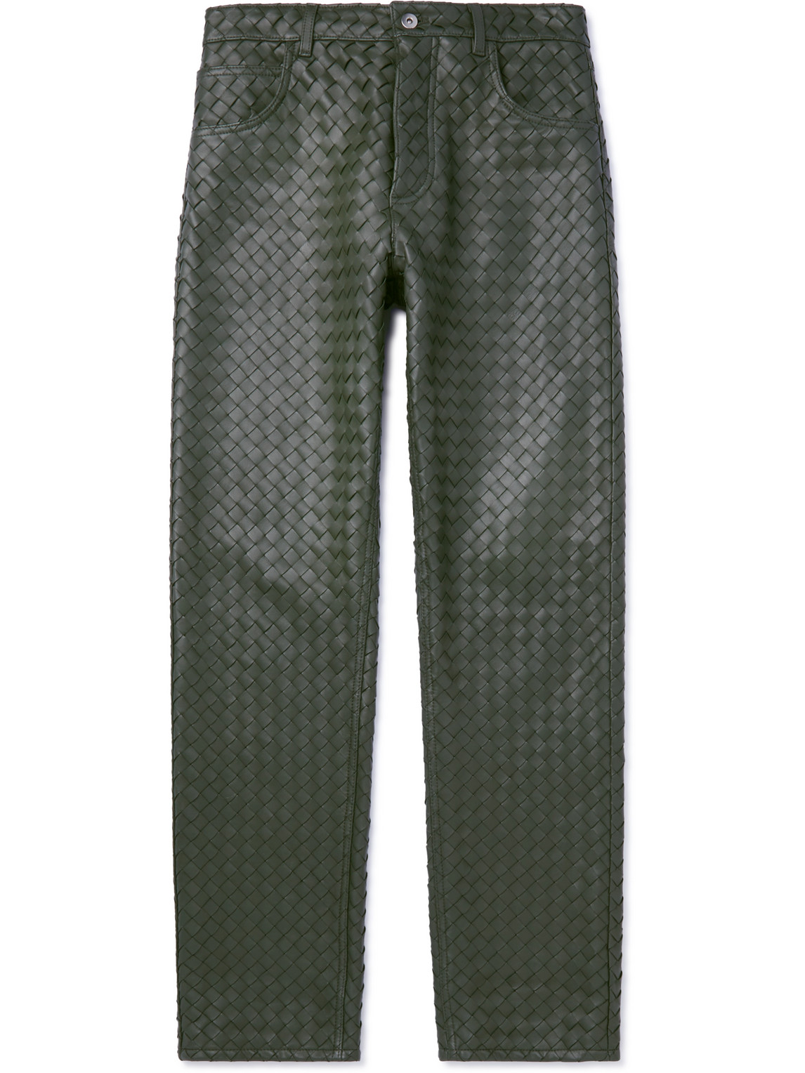Bottega Veneta Intrecciato-weave Leather Trousers In Dark Green