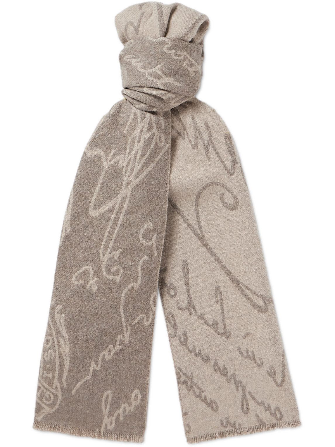 Berluti Scritto Fringed Wool-jacquard Scarf In Neutrals