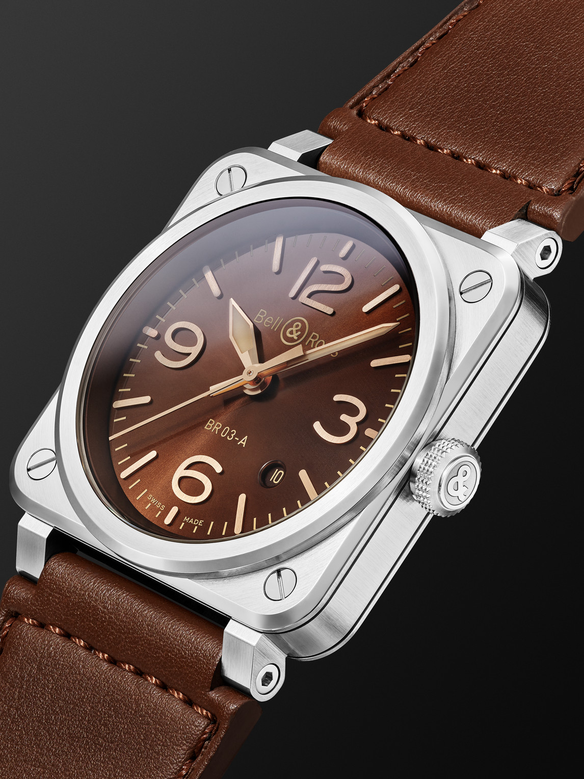 Shop Bell & Ross Br 03 Golden Heritage Automatic 41mm Steel And Leather Watch, Ref. No. Br03a-gh-st/sca In Brown