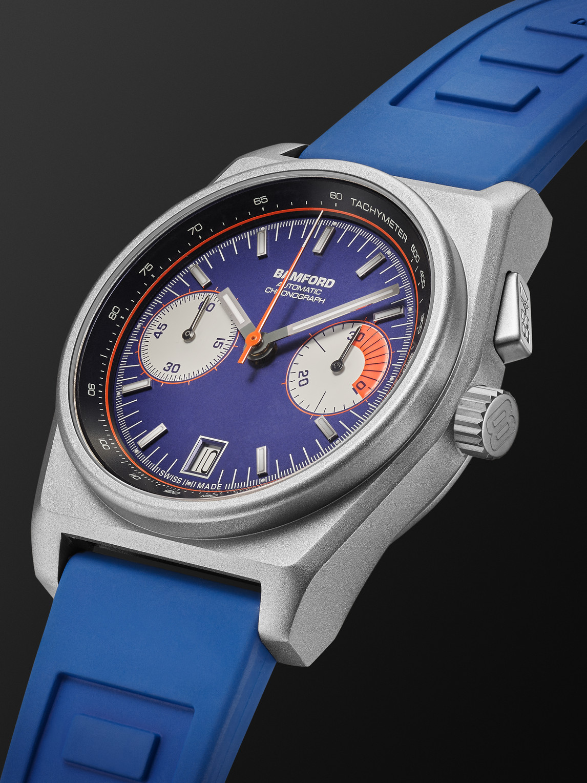 Shop Bamford Watch Department B347 Automatic Chronograph 41.5mm Titanium And Rubber Watch, Ref. No. B347-tt-ny-or In Blue