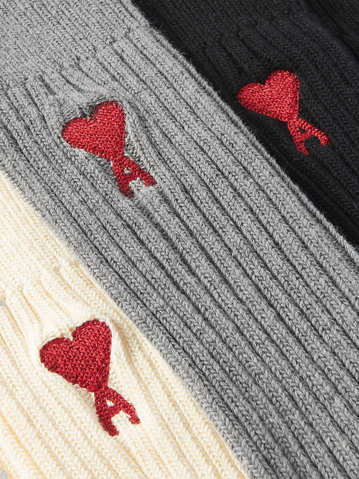 Shop Ami Alexandre Mattiussi Three-pack Logo-embroidered Ribbed Cotton-blend Socks In Neutrals