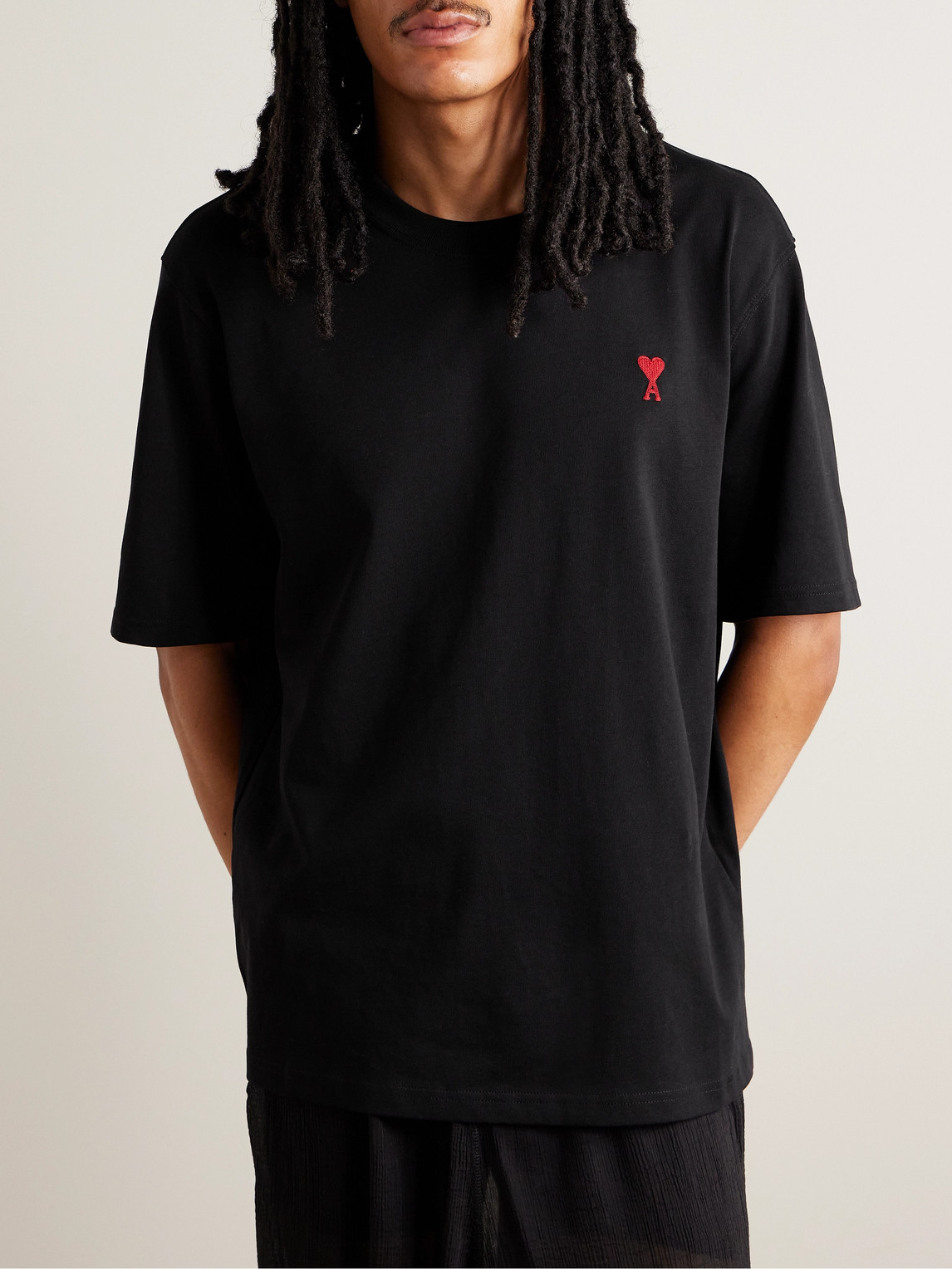 Shop Ami Alexandre Mattiussi Logo-embroidered Organic Cotton-jersey T-shirt In Black