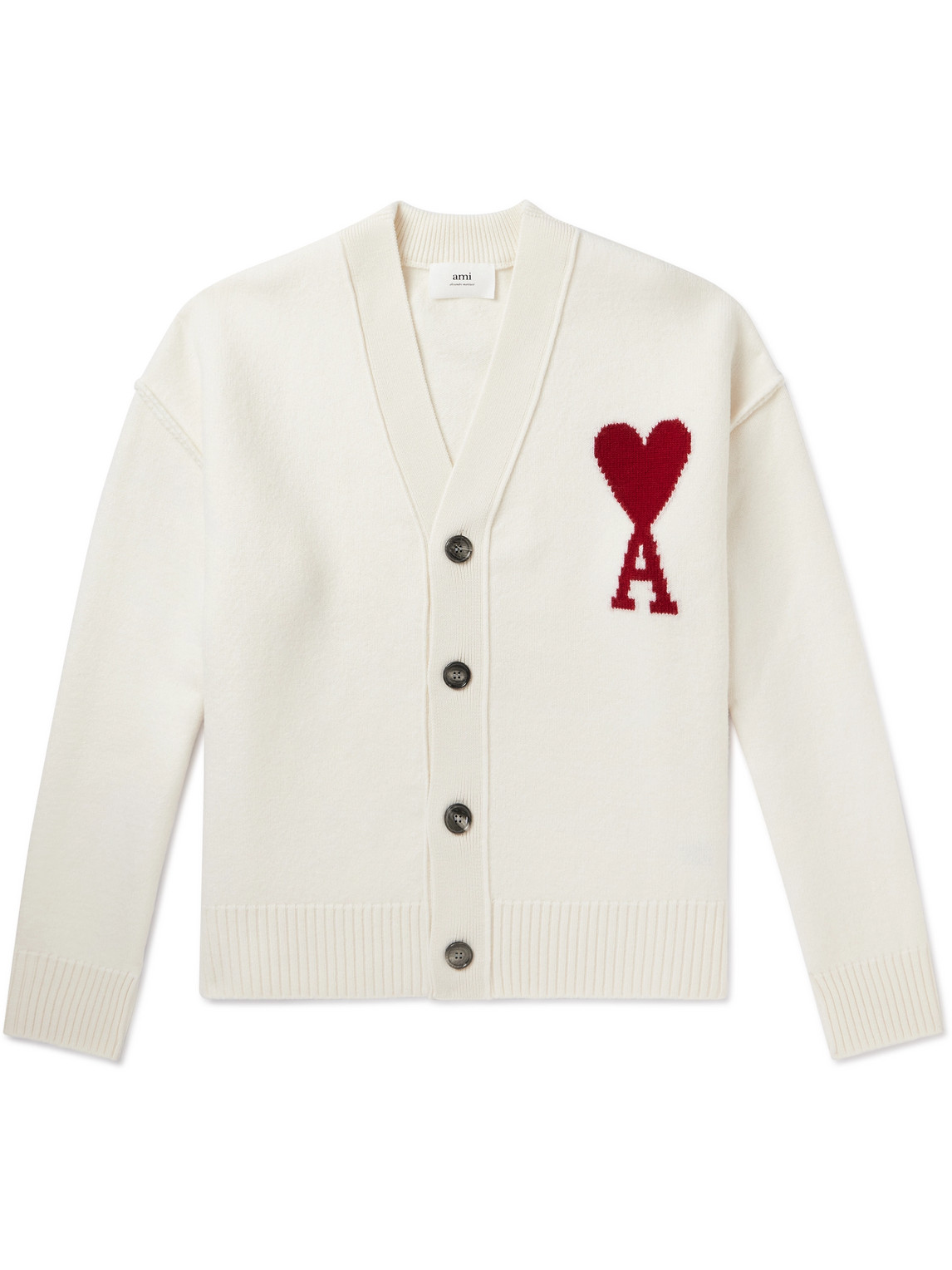 Ami Alexandre Mattiussi Logo-intarsia Merino Wool Cardigan In Neutrals