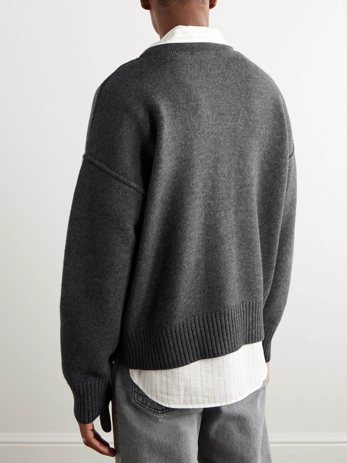 Shop Ami Alexandre Mattiussi Logo-intarsia Merino Wool Cardigan In Gray