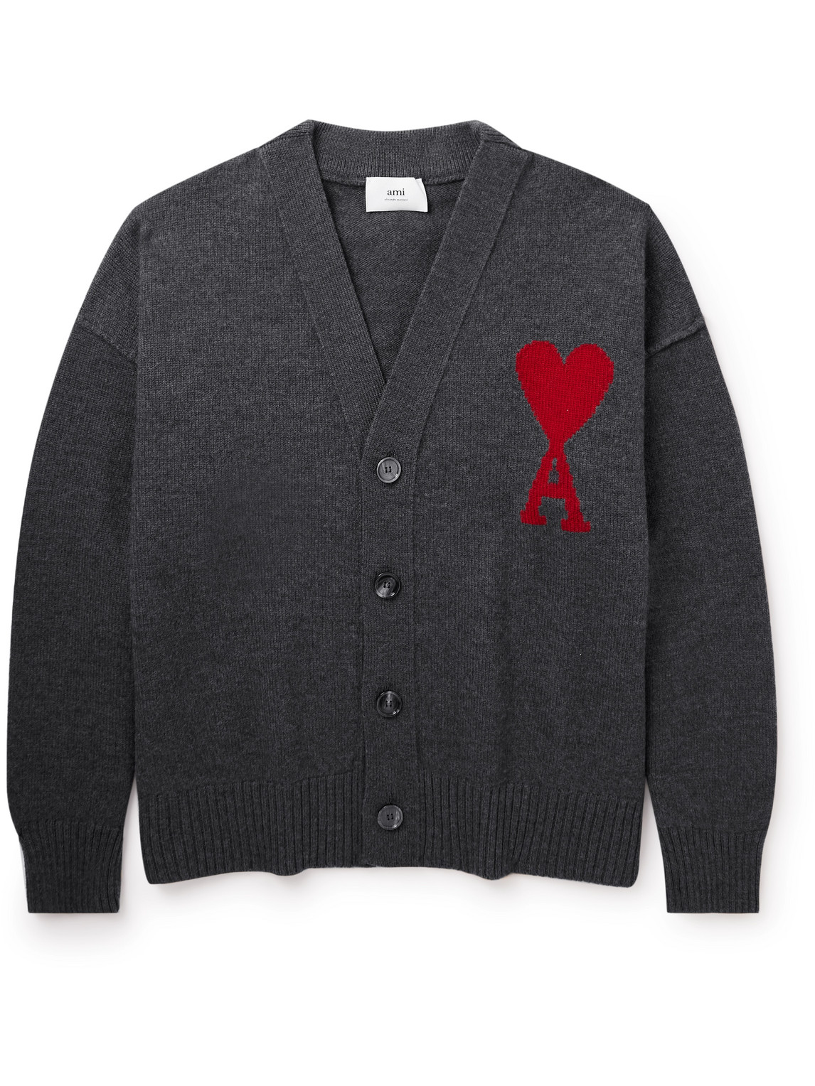 AMI ALEXANDRE MATTIUSSI LOGO-INTARSIA MERINO WOOL CARDIGAN