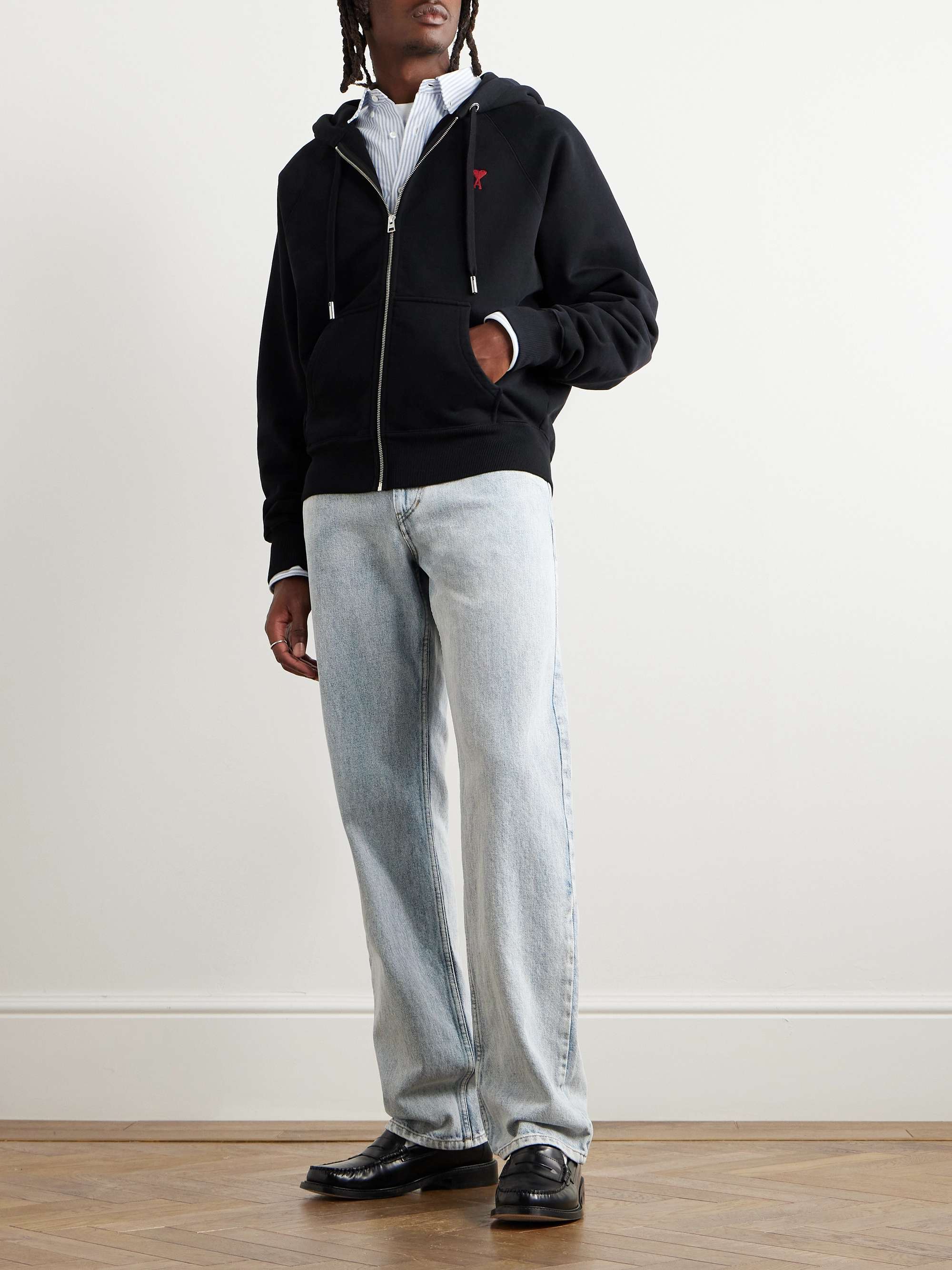 AMI PARIS Logo-Embroidered Stretch-Cotton Jersey Zip-Up Hoodie for Men | MR  PORTER