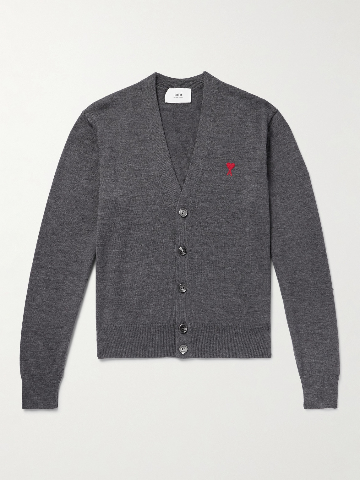 Ami Alexandre Mattiussi Logo-embroidered Merino Wool Cardigan In Gray