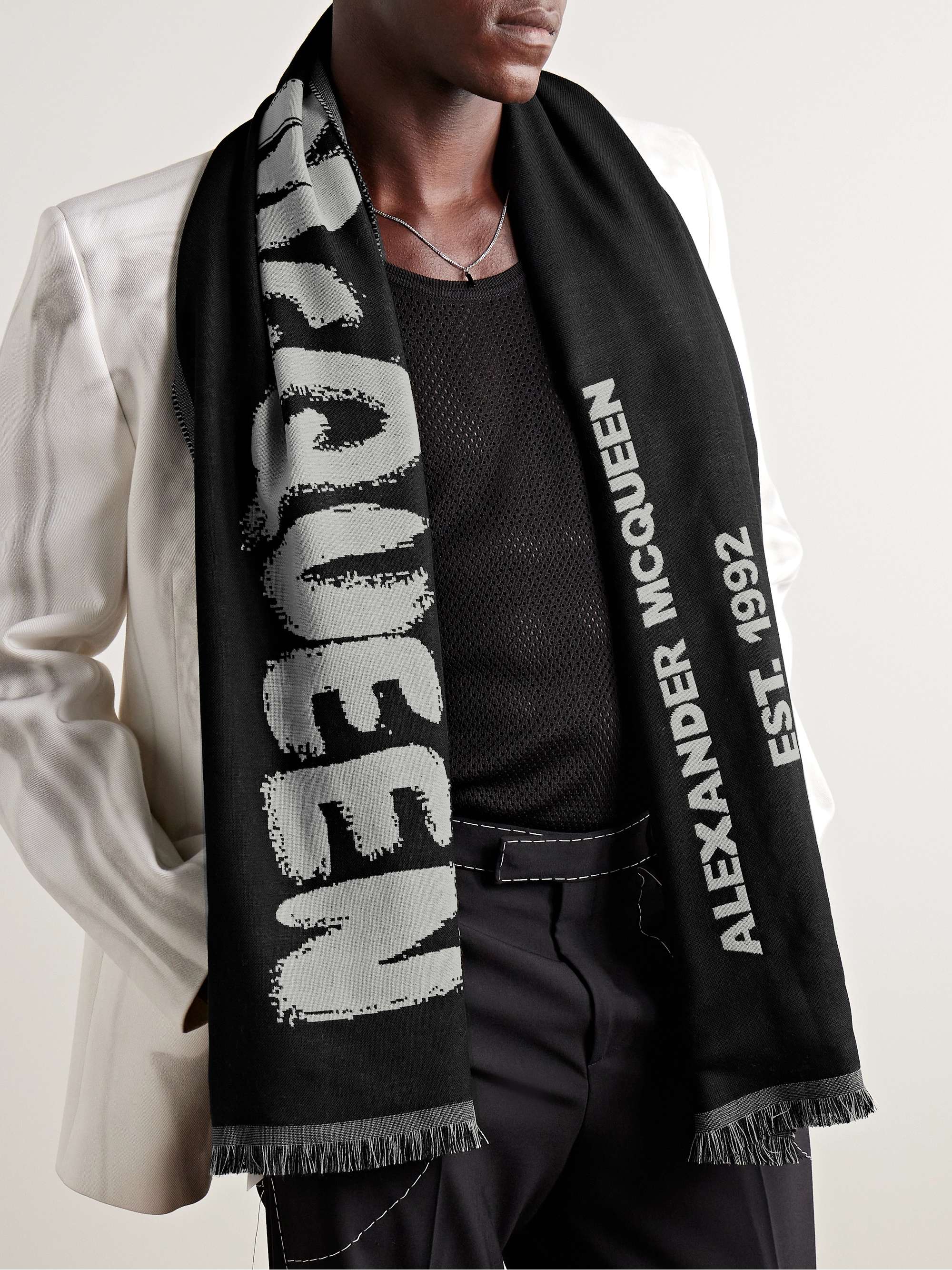 MCQUEEN Fringed Logo-Jacquard Wool Scarf for Men | MR PORTER