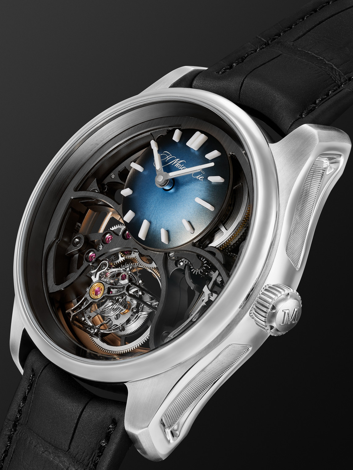  H. Moser & Cie. - Pioneer Cylindrical Automatic Tourbillon Skeleton 42.8mm Steel And Alligator Watch, Ref. No. 3811-1200 - Men - Blue 