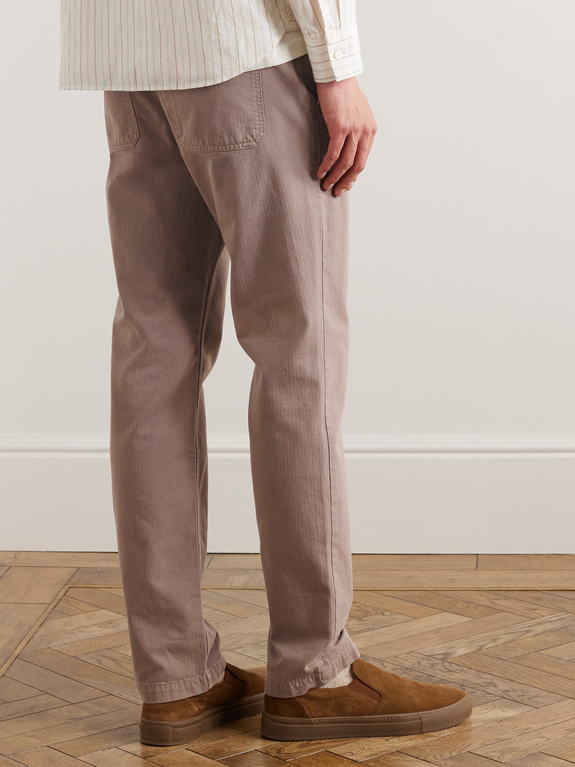 Shop Mr P Straight-leg Herringbone Cotton Trousers In Brown