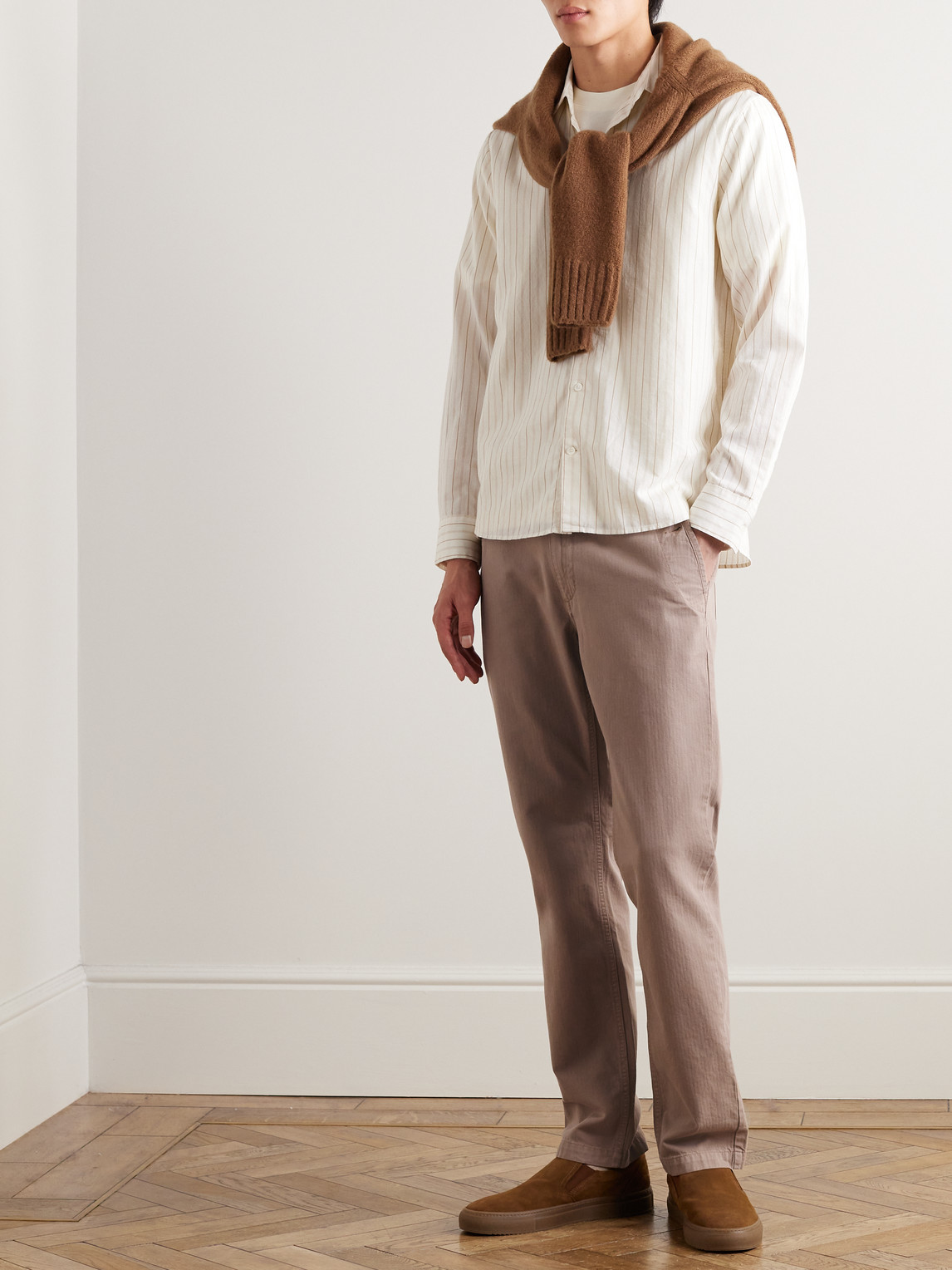 Shop Mr P Straight-leg Herringbone Cotton Trousers In Brown