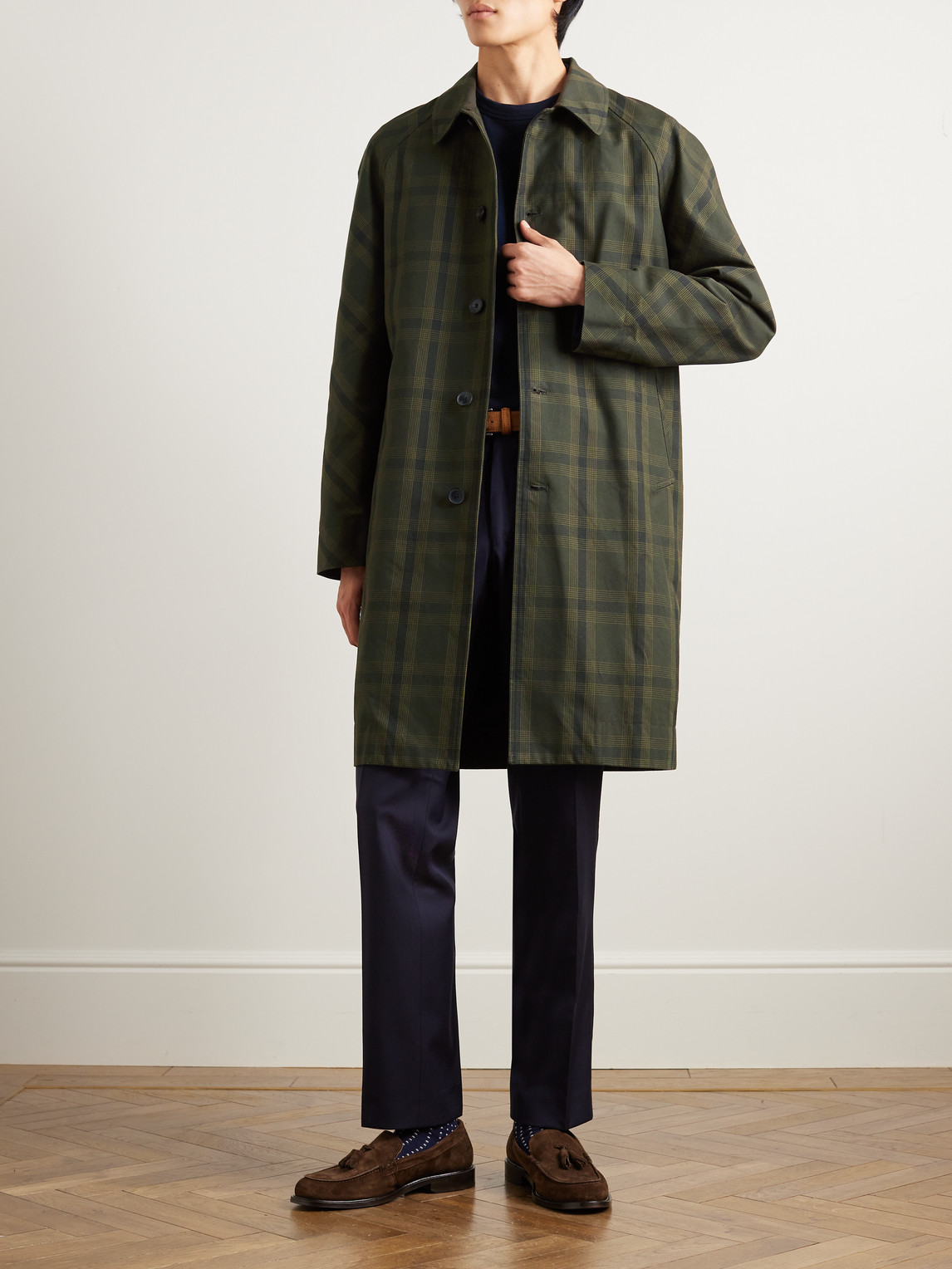 Shop Mr P Checked Cotton-twill Coat In Green