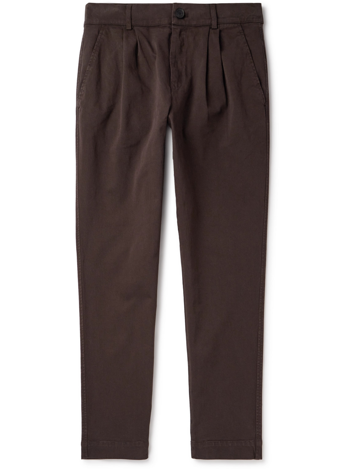 Tapered Pleated Garment-Dyed Cotton-Blend Twill Trousers