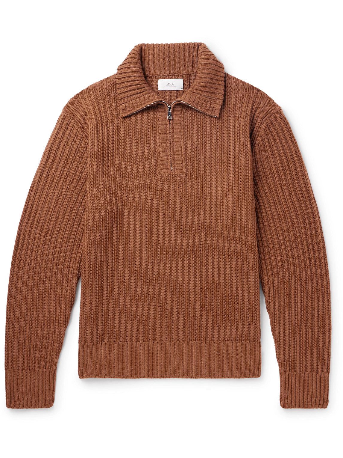 Mr P Ribbed Merino Wool Half-zip Sweater In Brown