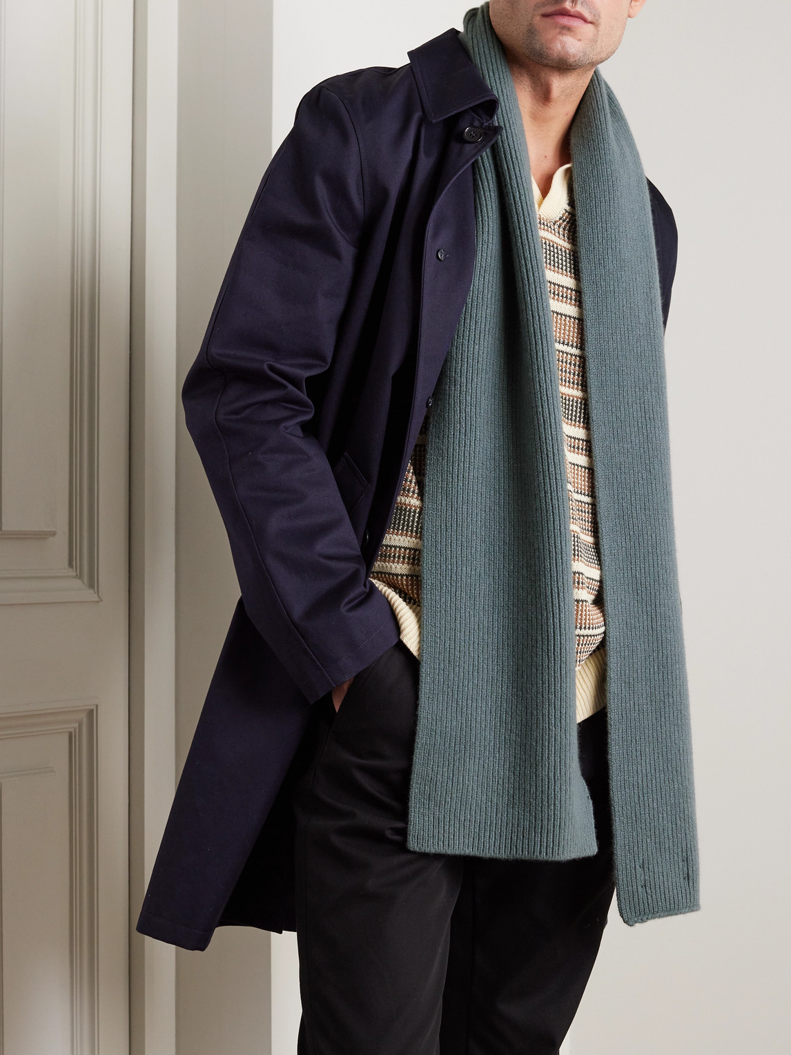 Mr P Ribbed Wool Scarf In Blue
