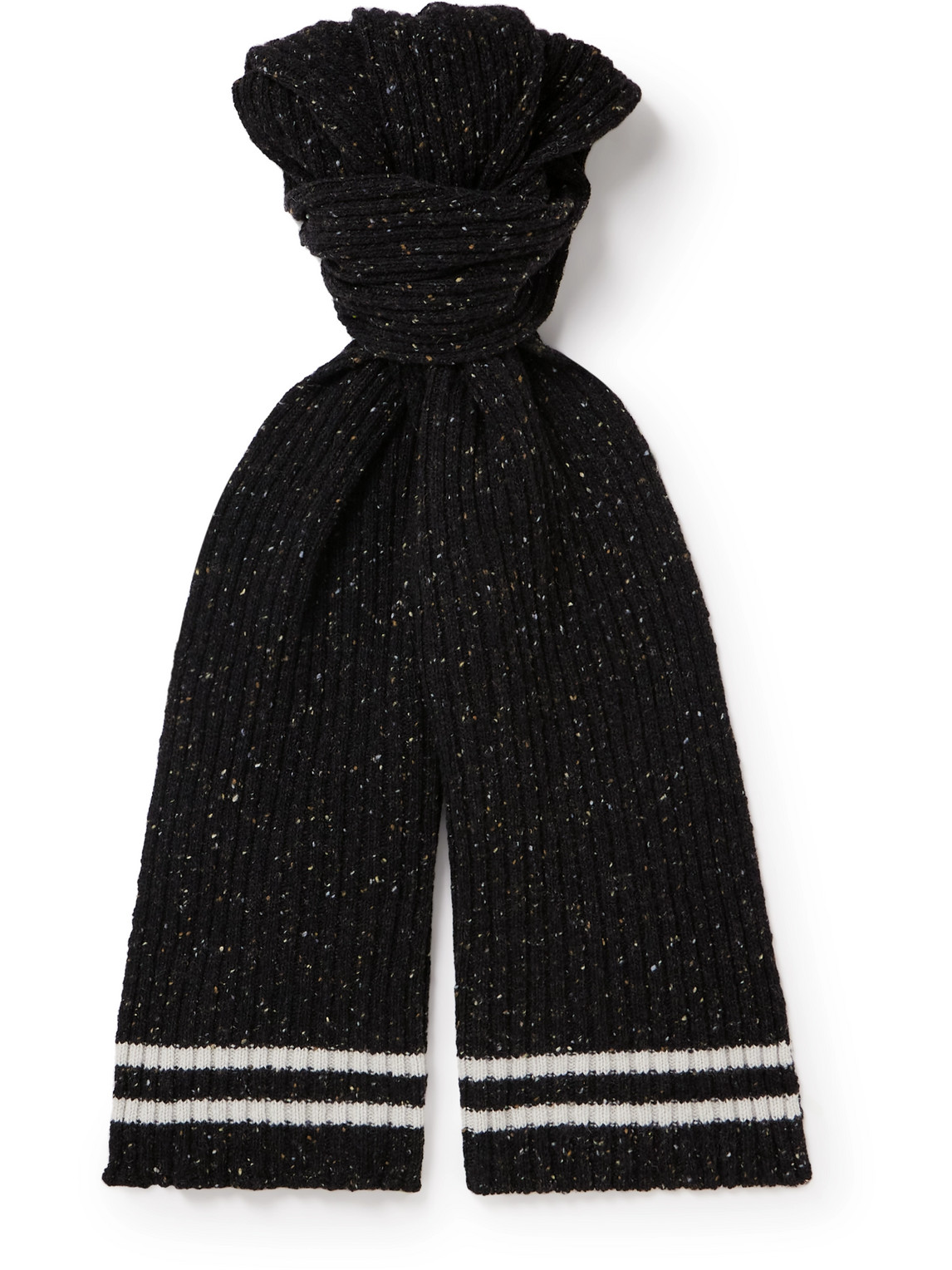 Mr P Striped Ribbed Donegal Merino Wool And Wool-blend Scarf In Black