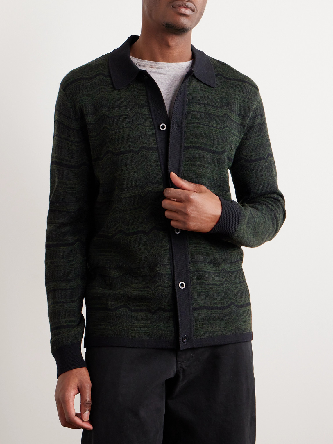 Shop Mr P Striped Merino Wool-jacquard Cardigan In Green