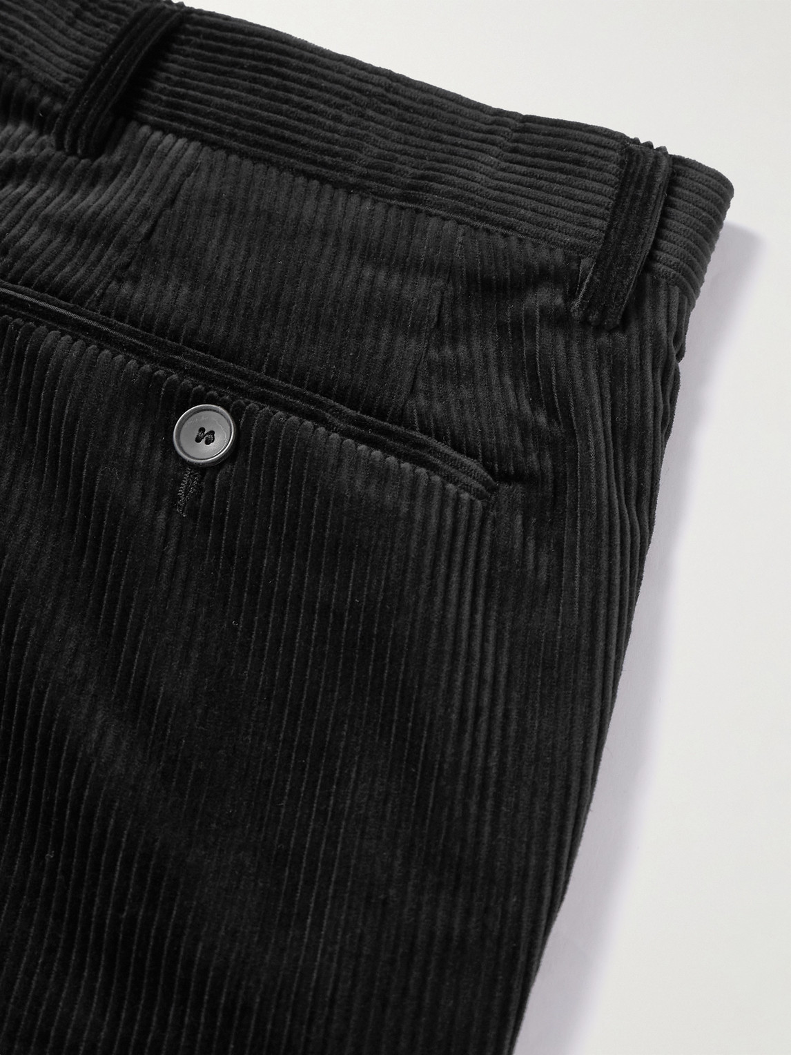 Shop Mr P Tapered Pleated Cotton And Cashmere-blend Corduroy Trousers In Black