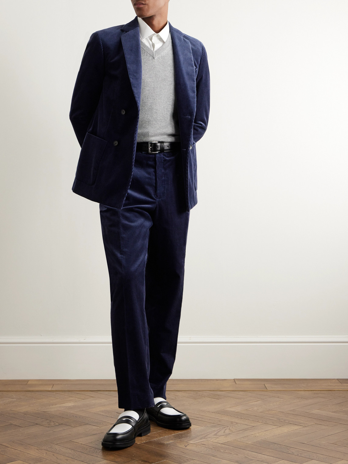 Shop Mr P Double Breasted Cotton And Cashmere-blend Corduroy Blazer In Blue