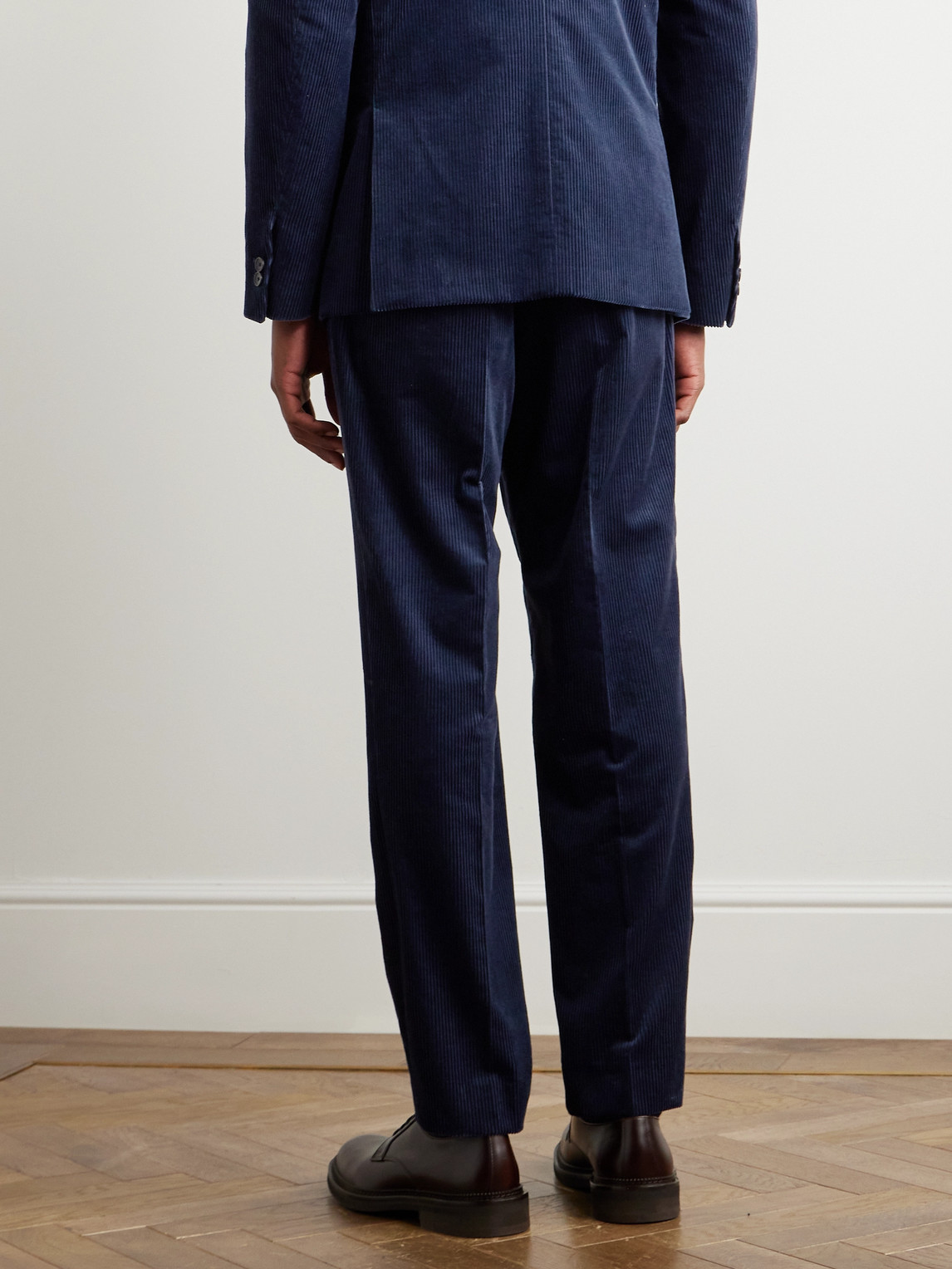 Shop Mr P Tapered Pleated Cotton And Cashmere-blend Corduroy Trousers In Blue