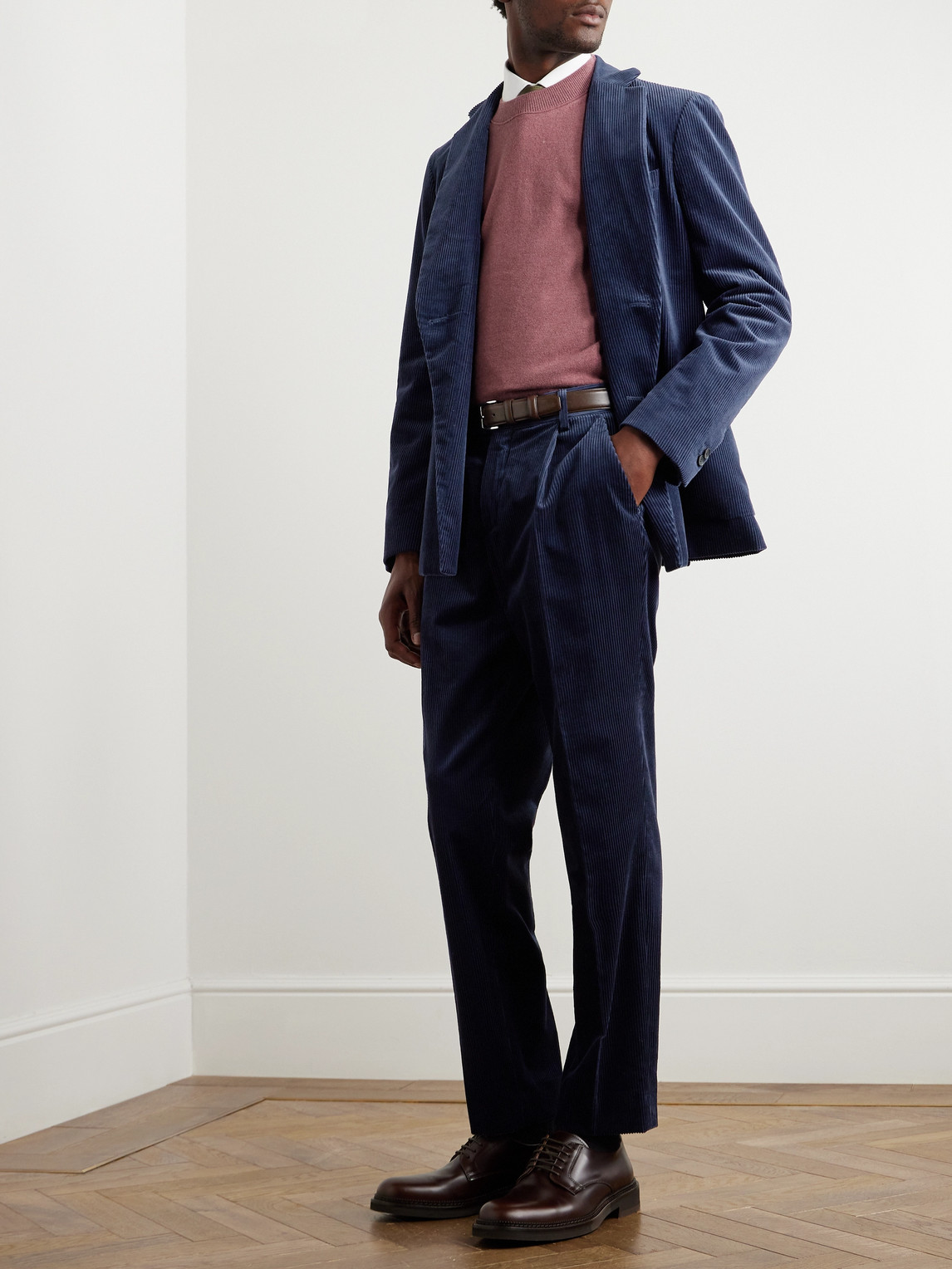 Shop Mr P Tapered Pleated Cotton And Cashmere-blend Corduroy Trousers In Blue