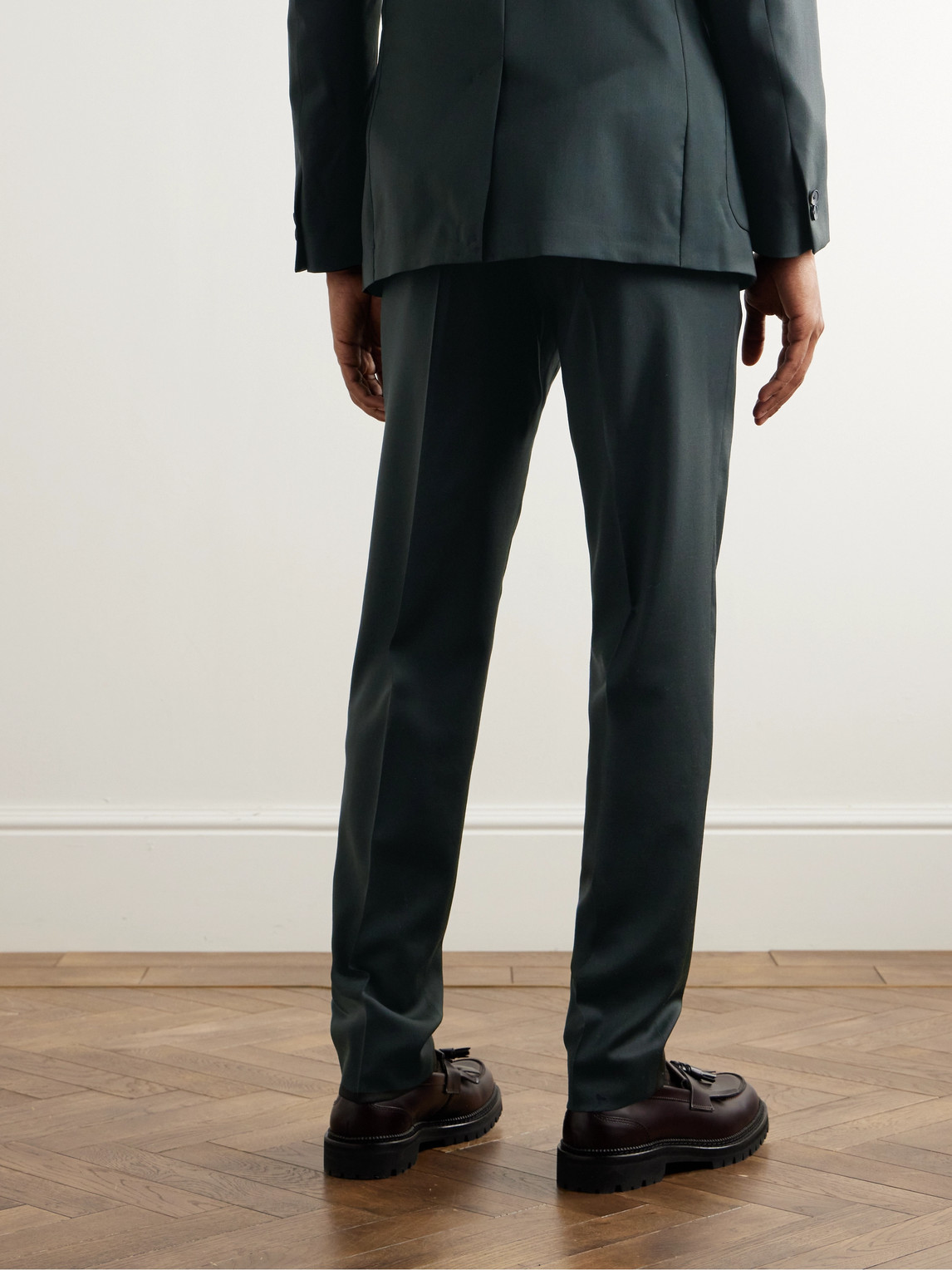 Shop Mr P Slim-fit Wool -twill Drawstring Suit Trousers In Green