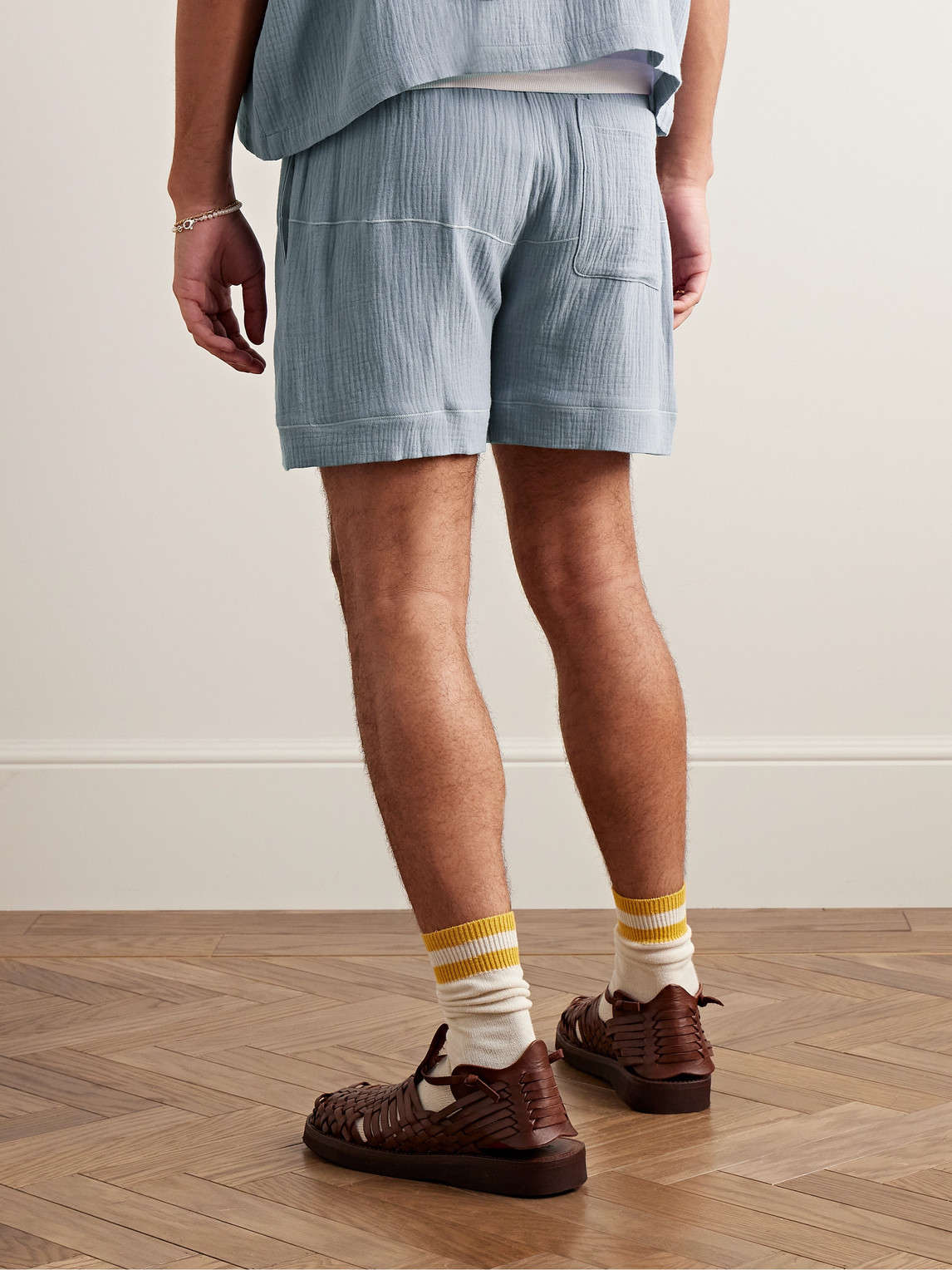  Cherry Los Angeles - Vacation Straight-leg Logo-embroidered Cotton-gauze Drawstring Shorts - Men - Blue - Xl 