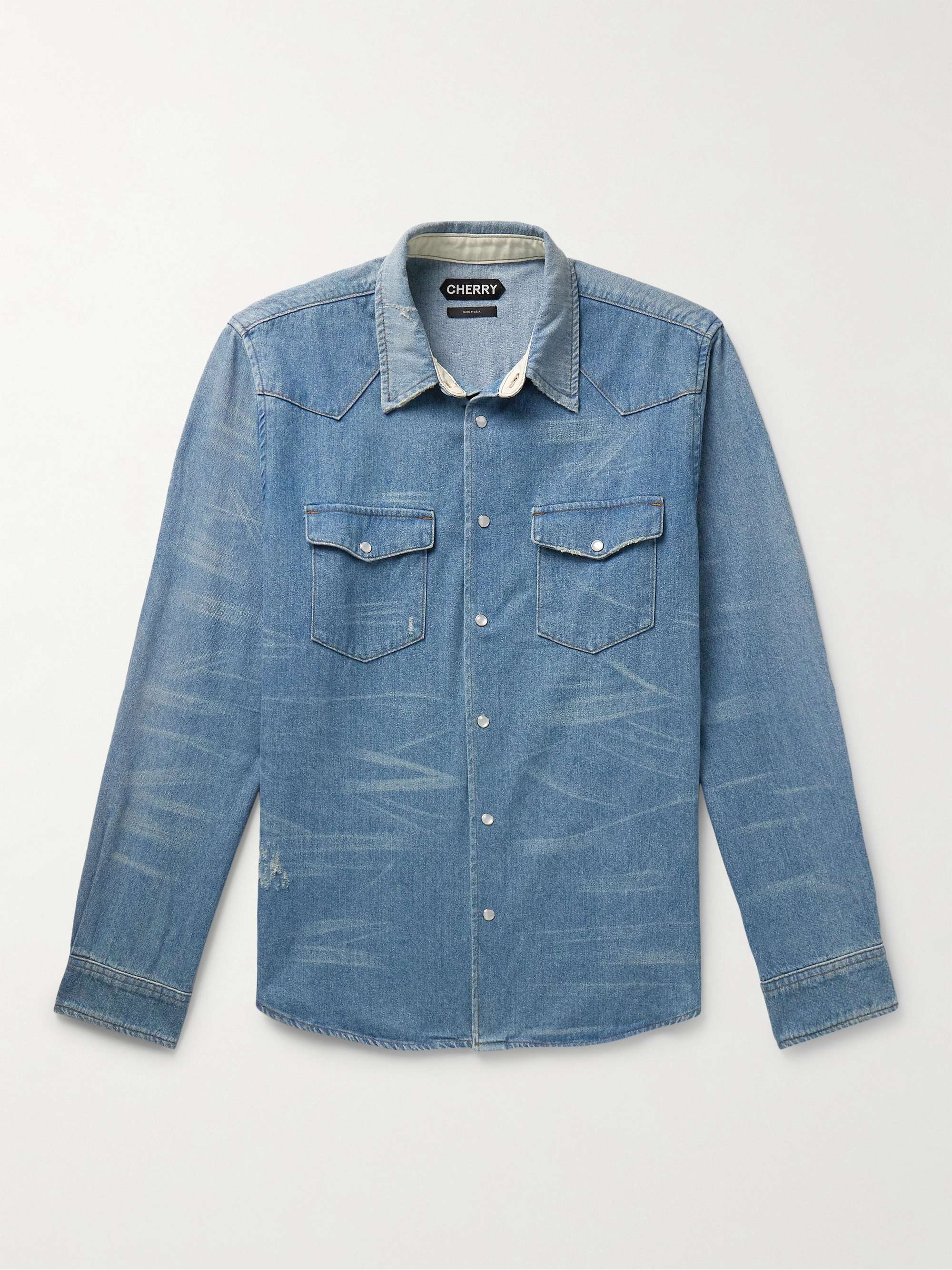 CHERRY LOS ANGELES Distressed Denim Western Shirt for Men