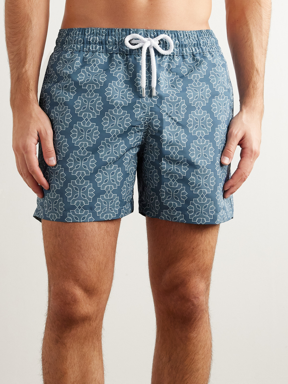 Shop Frescobol Carioca Medalhao Sport Straight-leg Mid-length Printed Recycled Swim Shorts In Blue